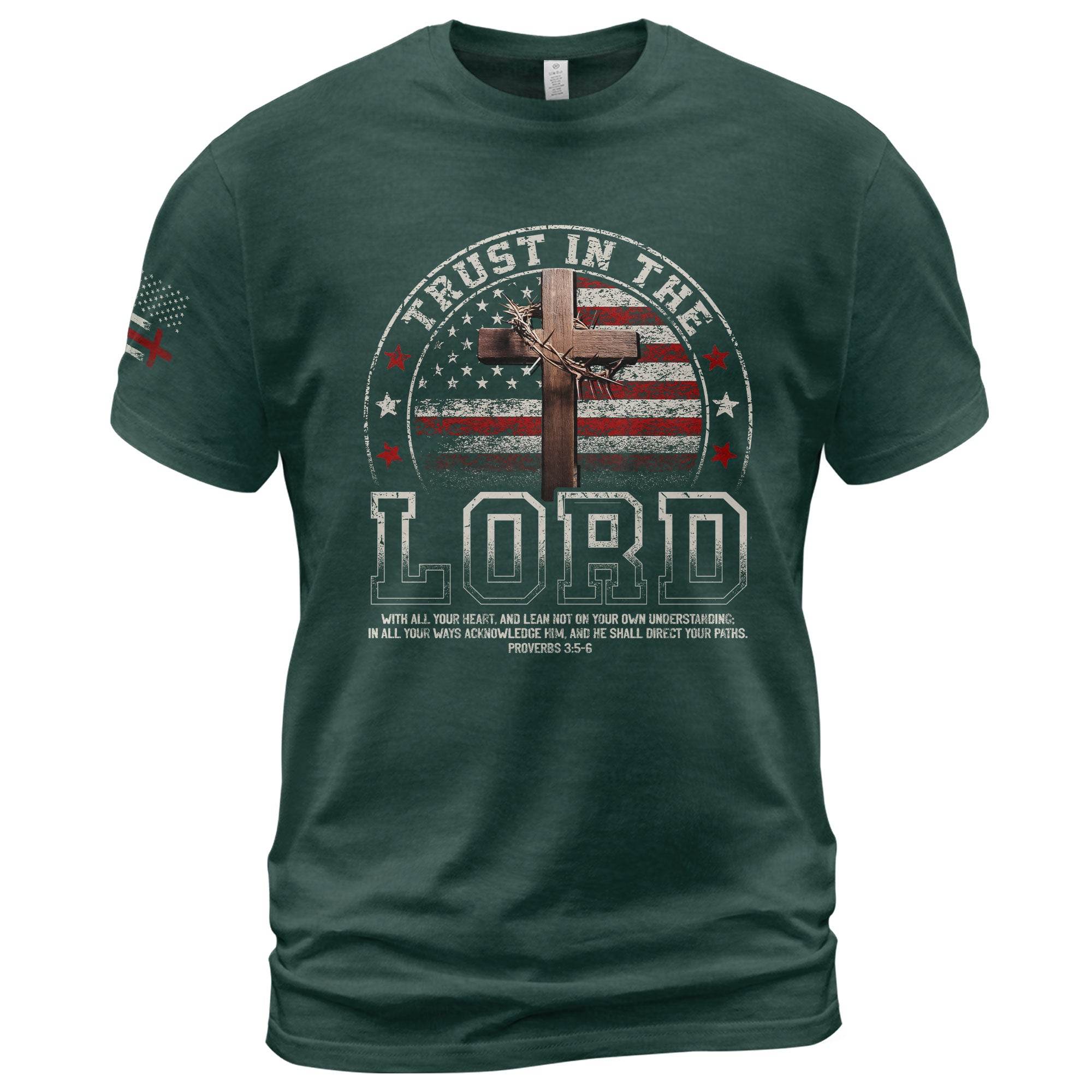 Trust In The Lord – Christian American Flag Cross T-Shirt - Rust Field Wear