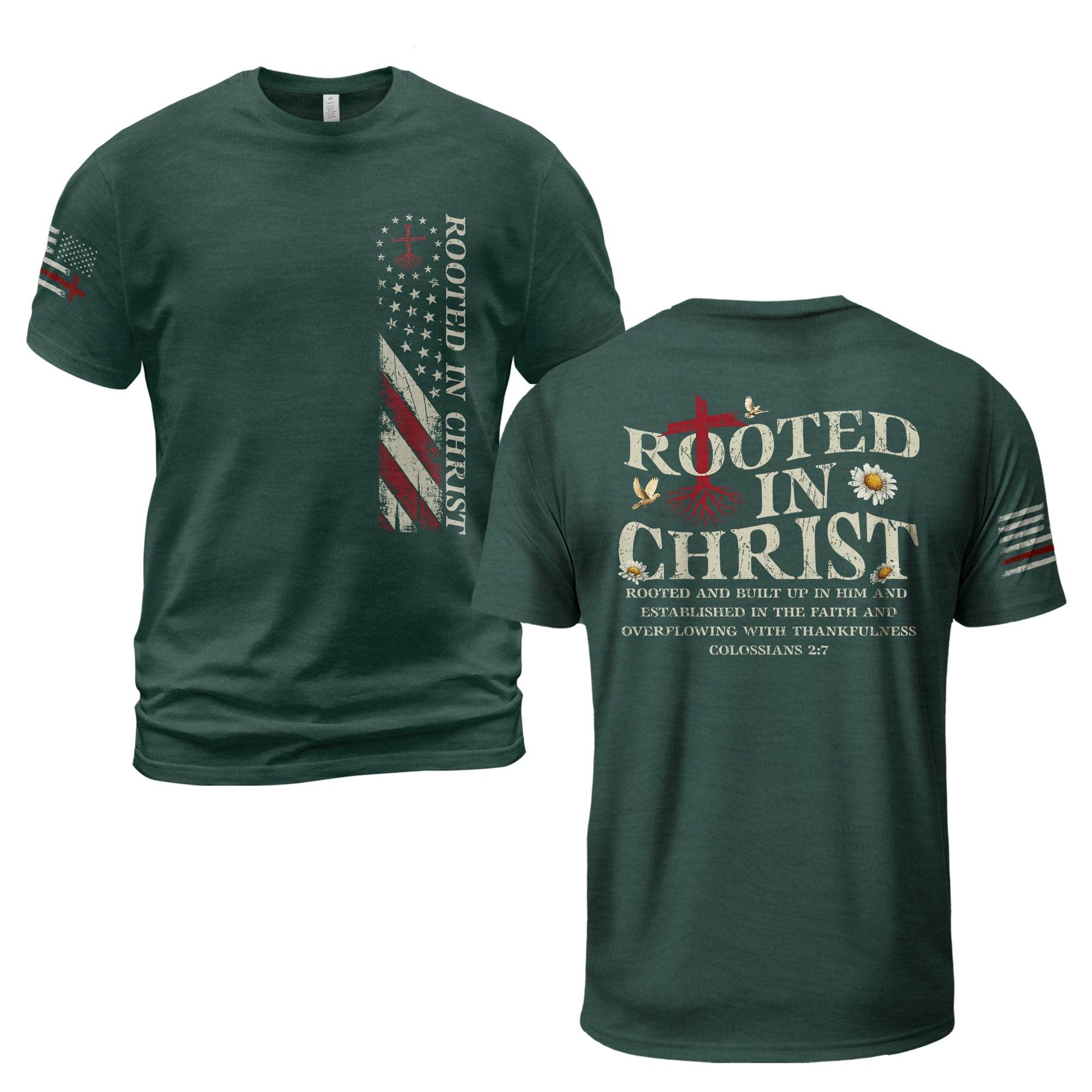 Rooted in Christ Back Print Colossians 2:7 T-Shirt - Rust Field Wear