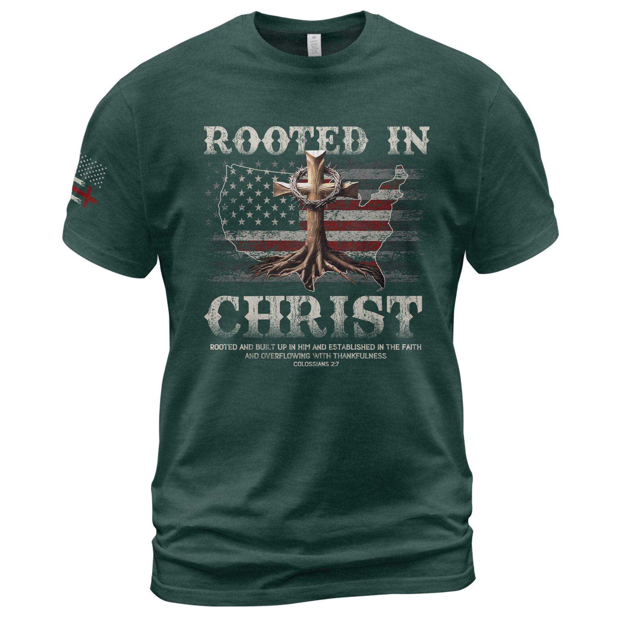 Rooted in Christ USA Flag Map Christian T-Shirt - Rust Field Wear