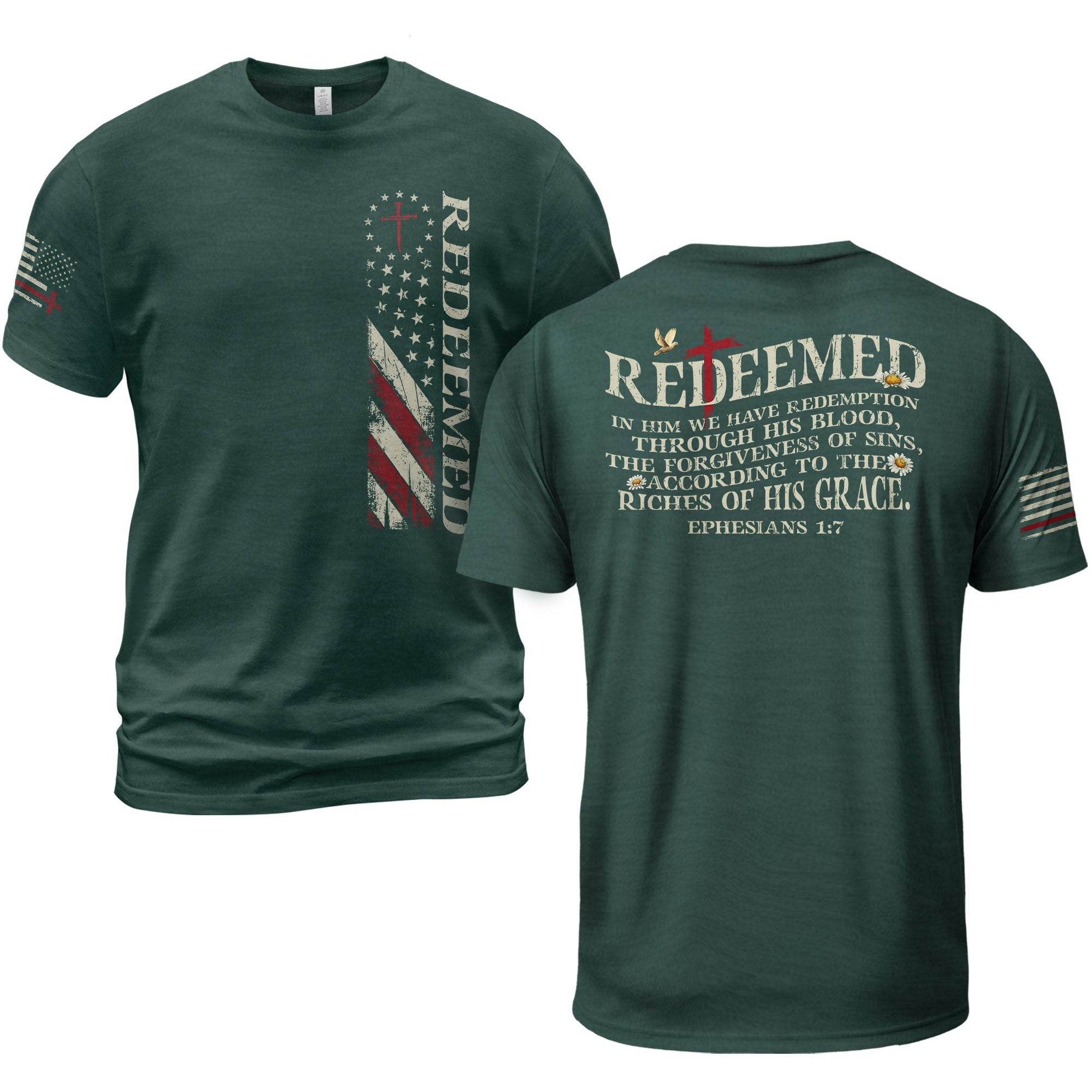 Redeemed Christian T-Shirt – Ephesians 1:7 American Flag Cross Design - Rust Field Wear