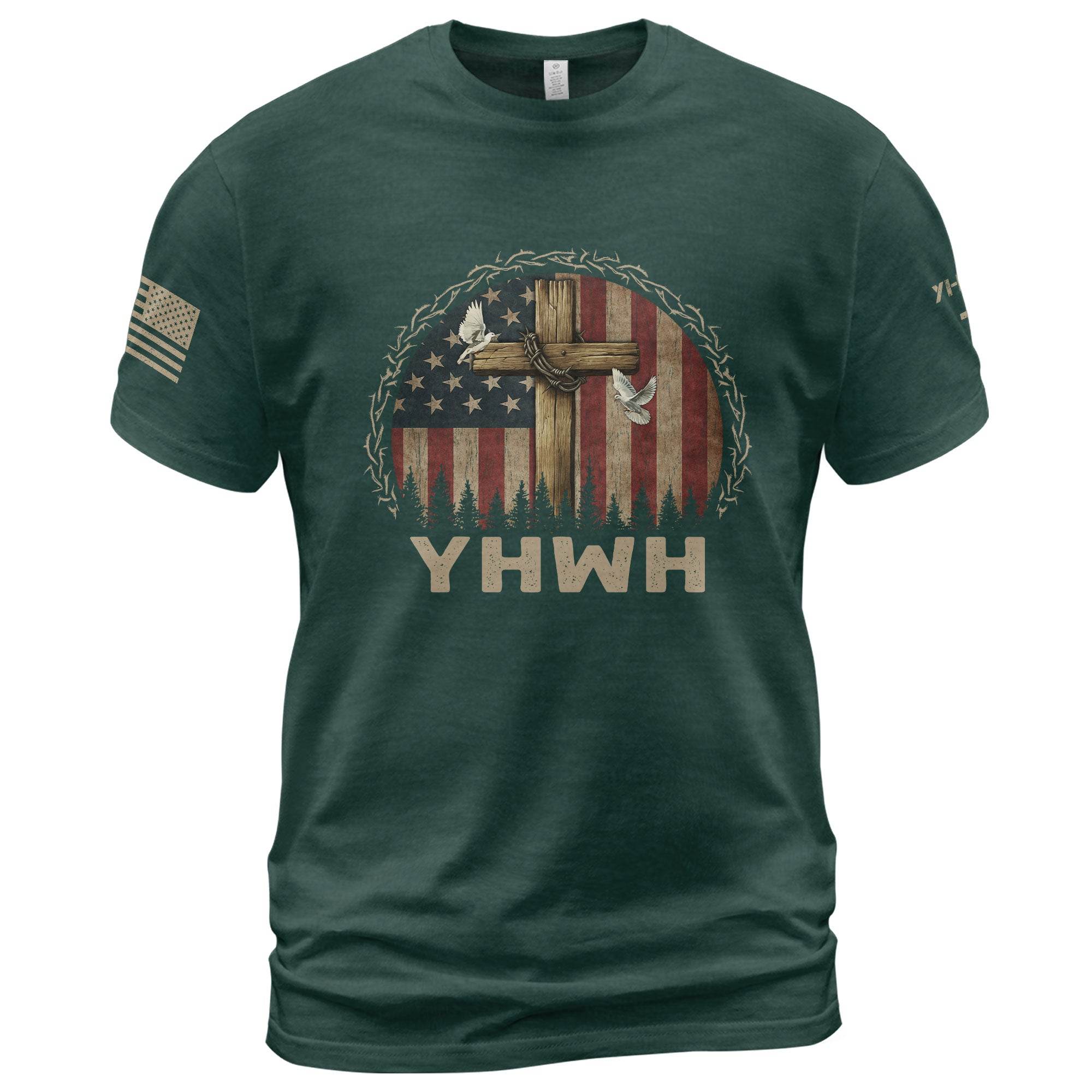 YHWH Cross & American Flag Christian T-Shirt - Rust Field Wear