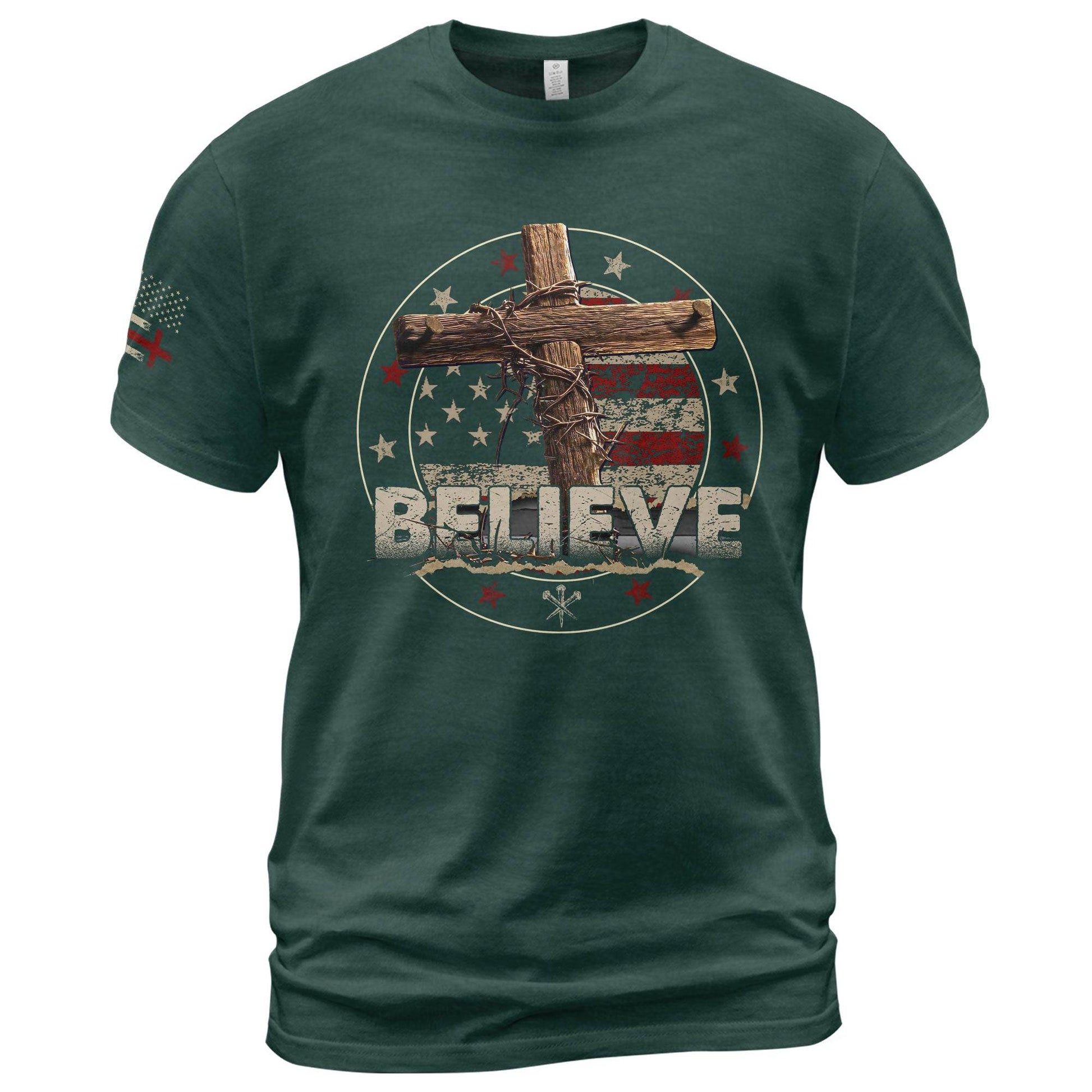 BELIEVE Christian T-Shirt – American Flag Cross & Crown of Thorns - Rust Field Wear
