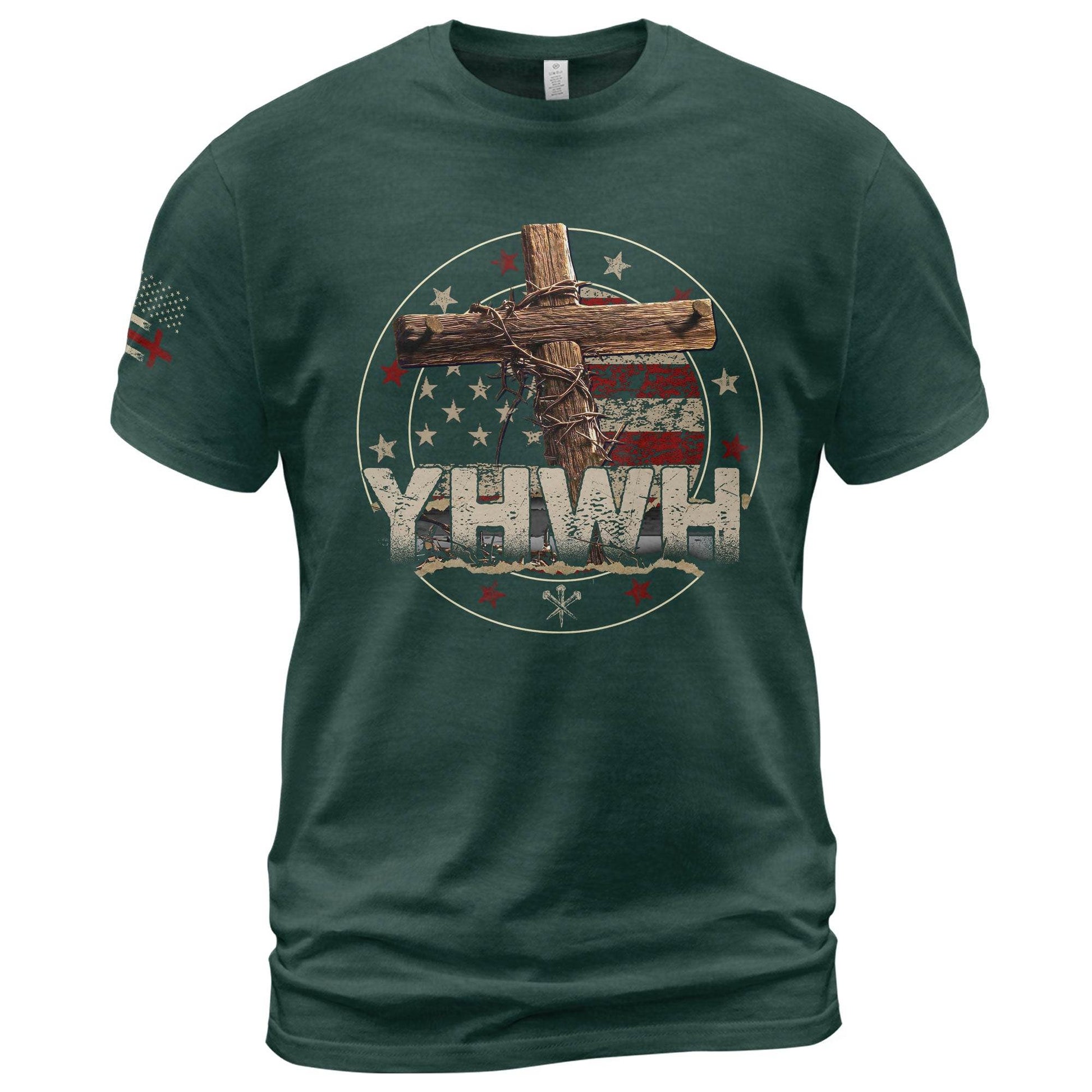 YHWH American Flag Cross T-Shirt – Christian Faith Apparel - Rust Field Wear