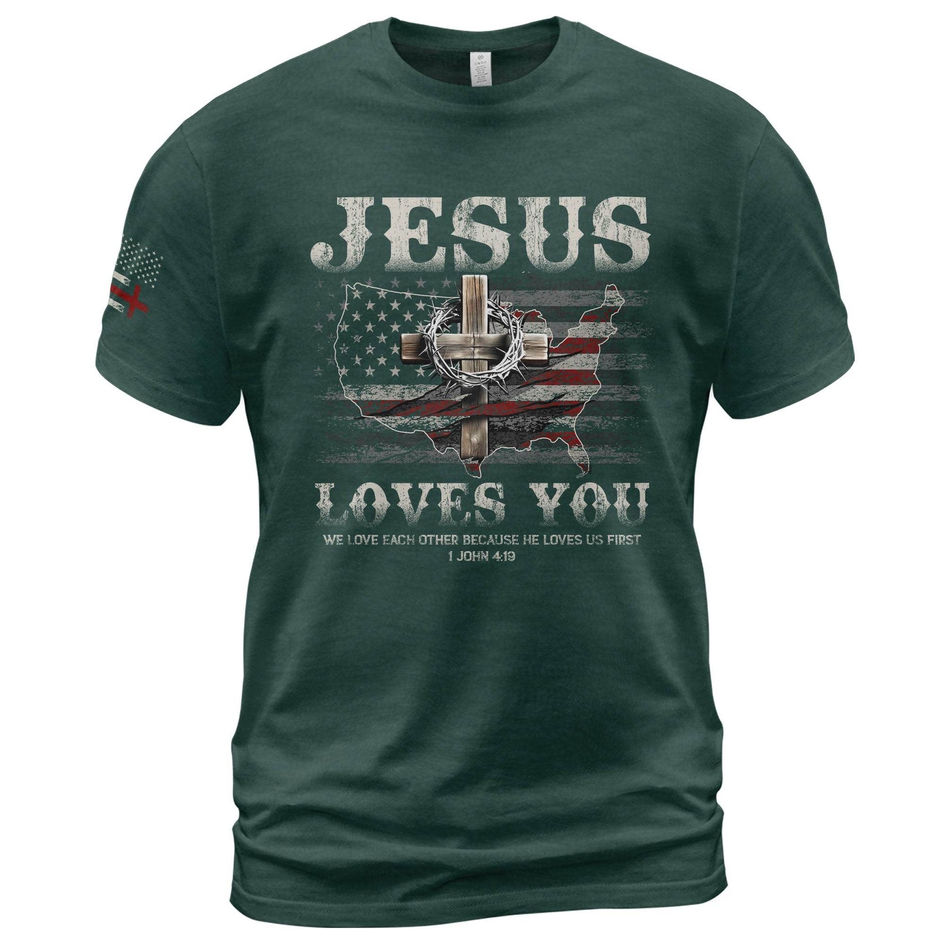 Jesus Loves You - American Flag Cross T-Shirt - Rust Field Wear