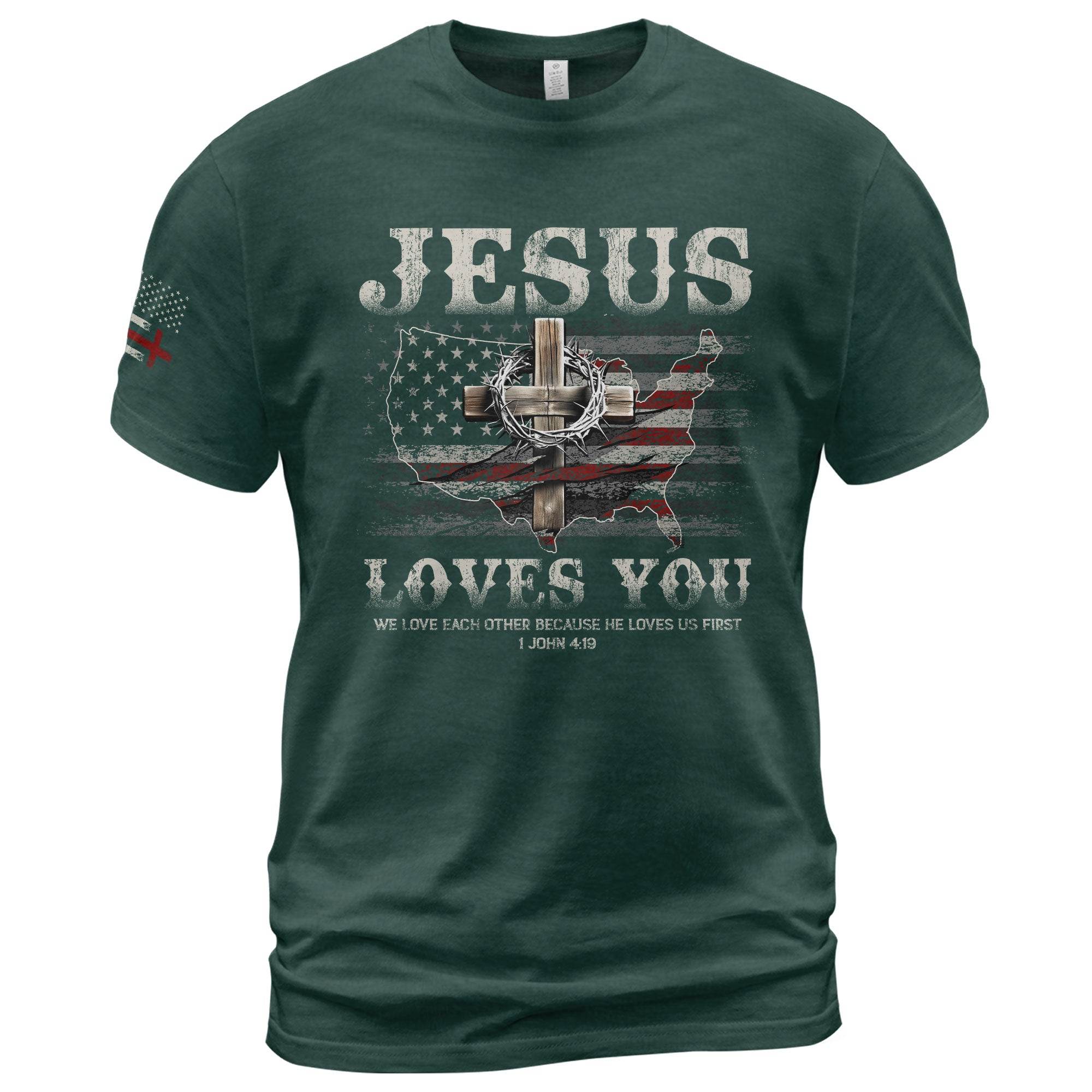 Jesus Loves You - American Flag Cross T-Shirt - Rust Field Wear