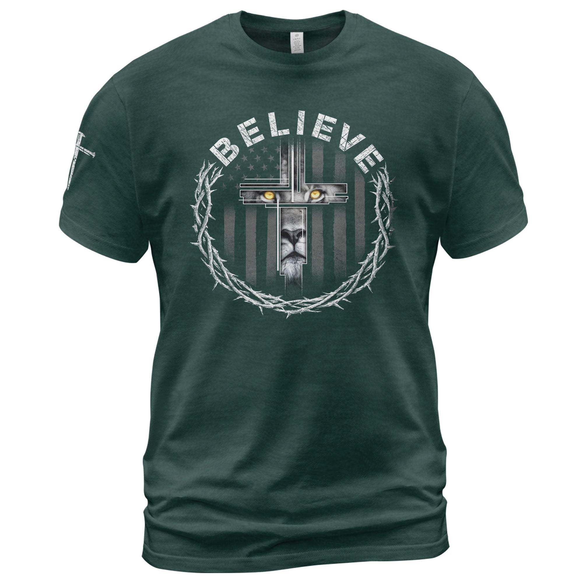 Believe Lion Cross Crown of Thorns Christian T-Shirt
