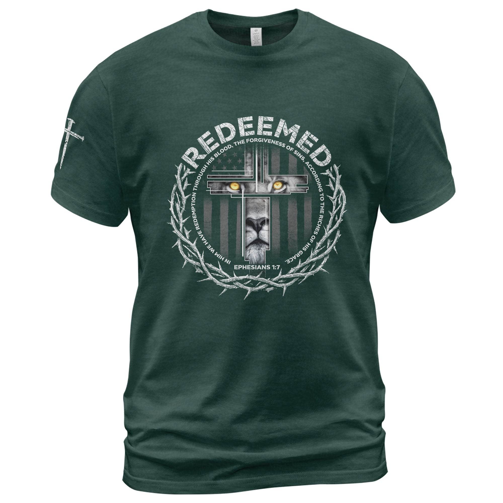 Redeemed Ephesians 1:7 Lion Cross Christian T-Shirt - Rust Field Wear