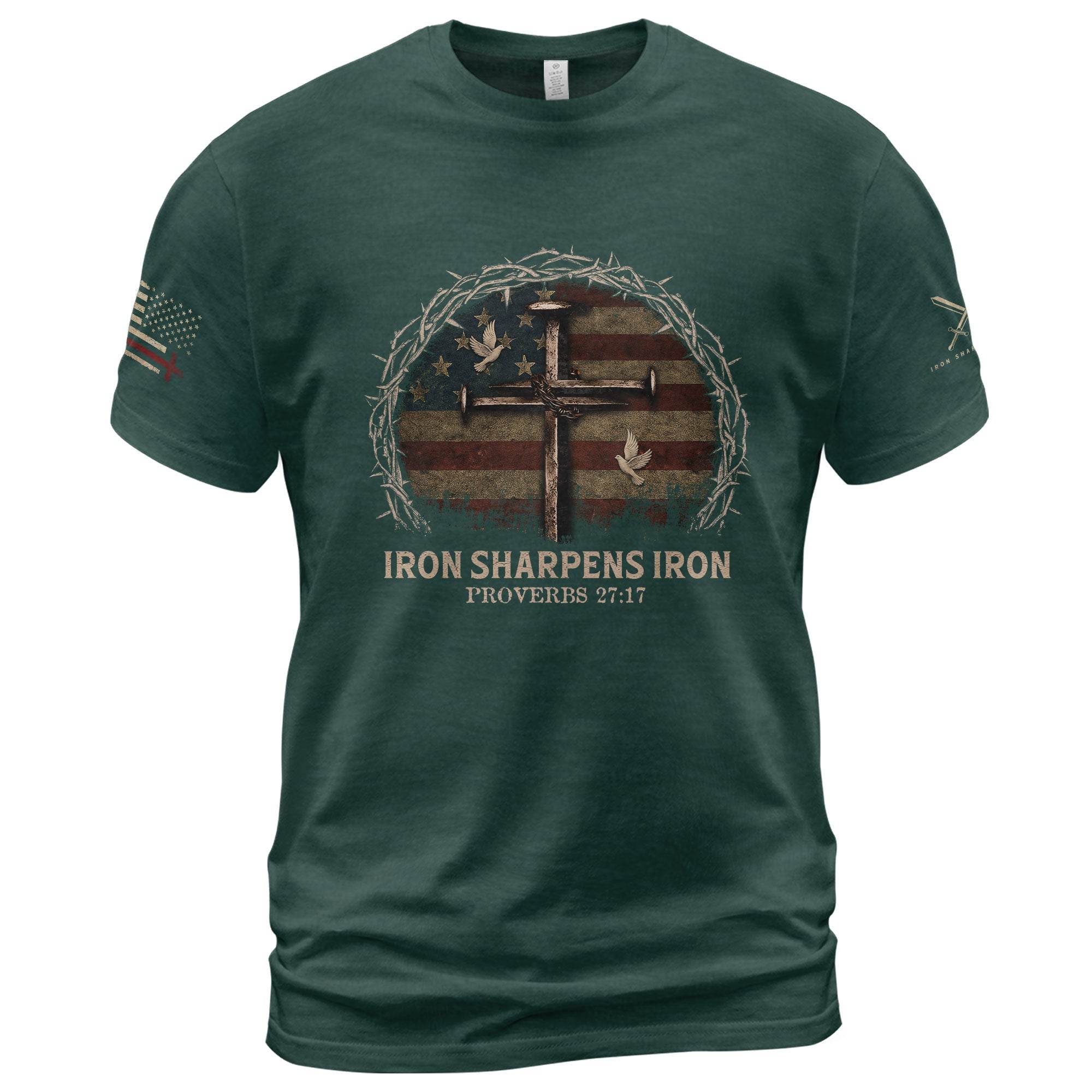 Iron Sharpens Iron Cross American Flag T-Shirt - Rust Field Wear