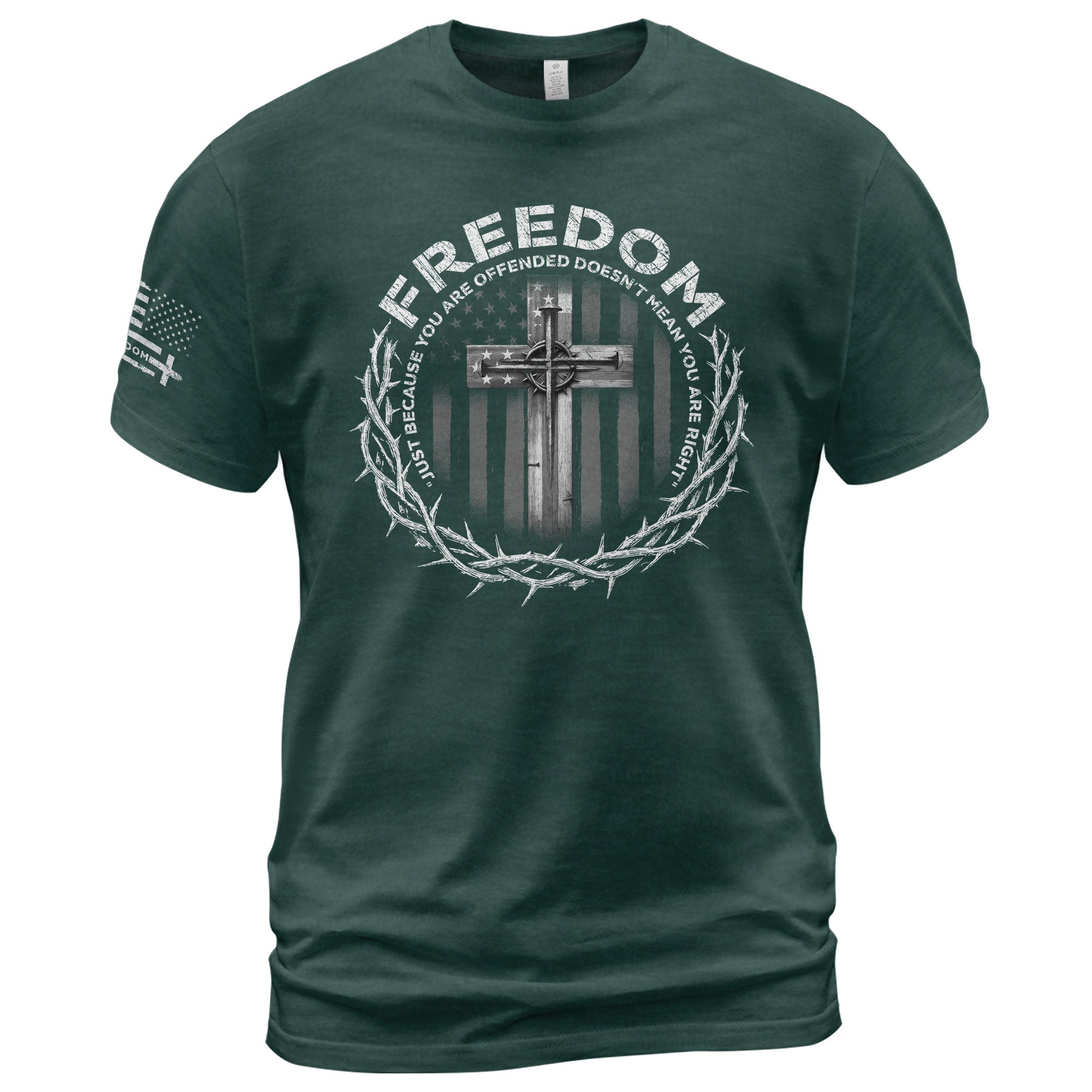 Freedom Memorial American Flag Cross with Crown of Thorns & Quote T-Shirt
