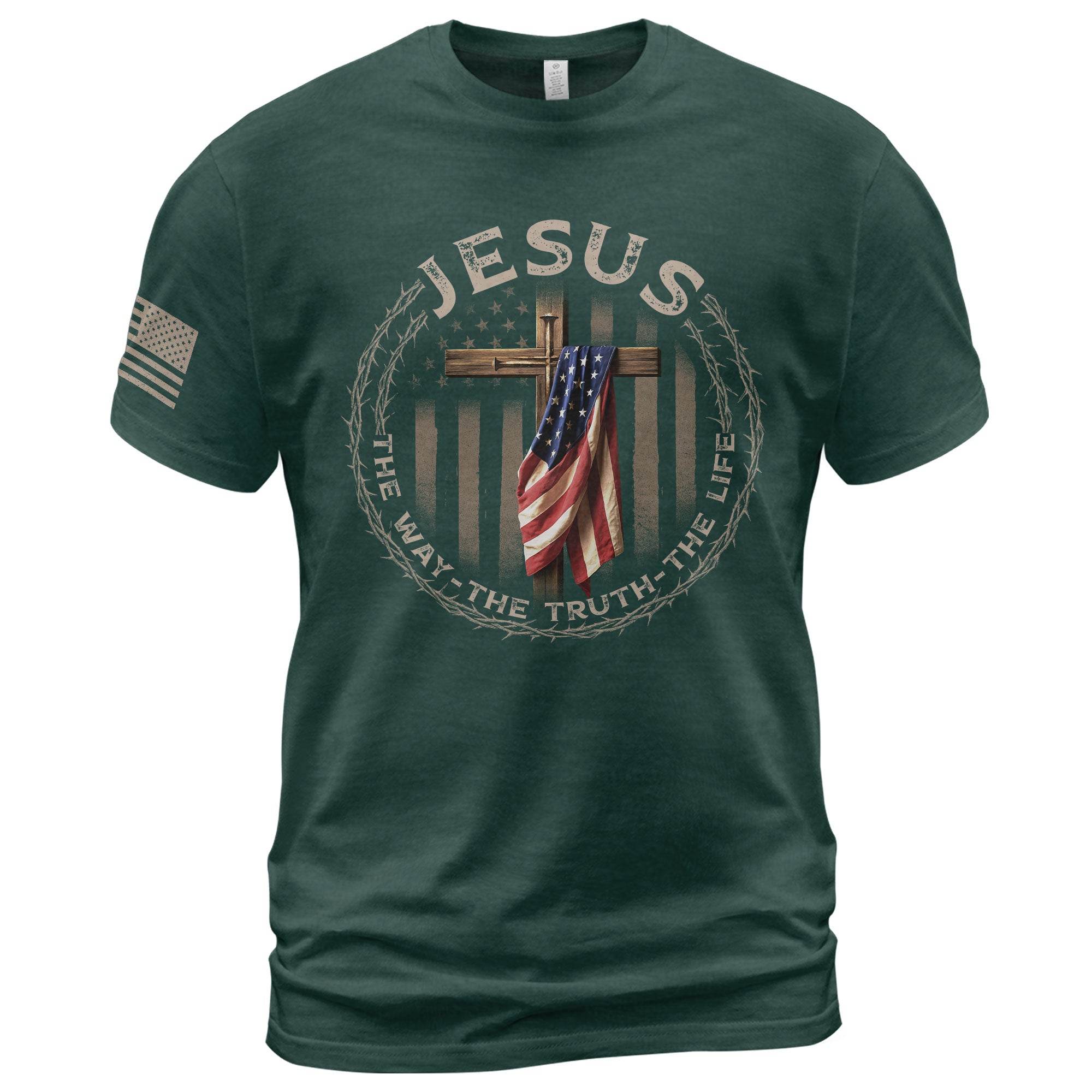 Jesus The Way The Truth The Life T-Shirt – American Flag Cross & Crown of Thorns Design - Rust Field Wear