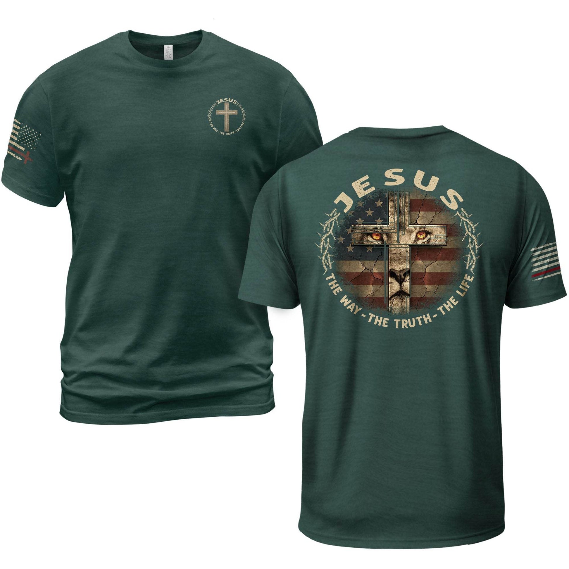 Jesus & American Flag Lion Cross T-Shirt – The Way The Truth The Life - Rust Field Wear