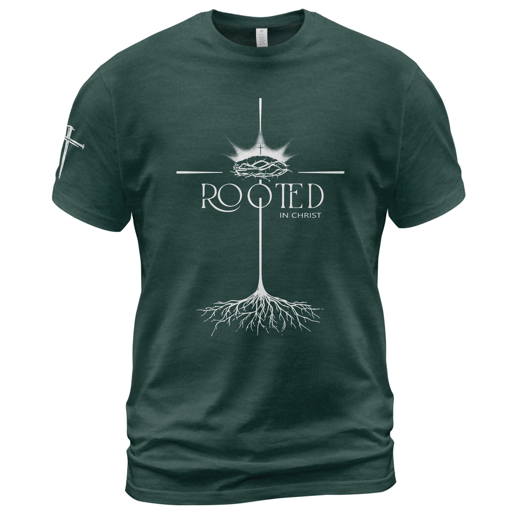 Rooted In Christ Christian T Shirt With Crown Of Thorns And Cross Roots