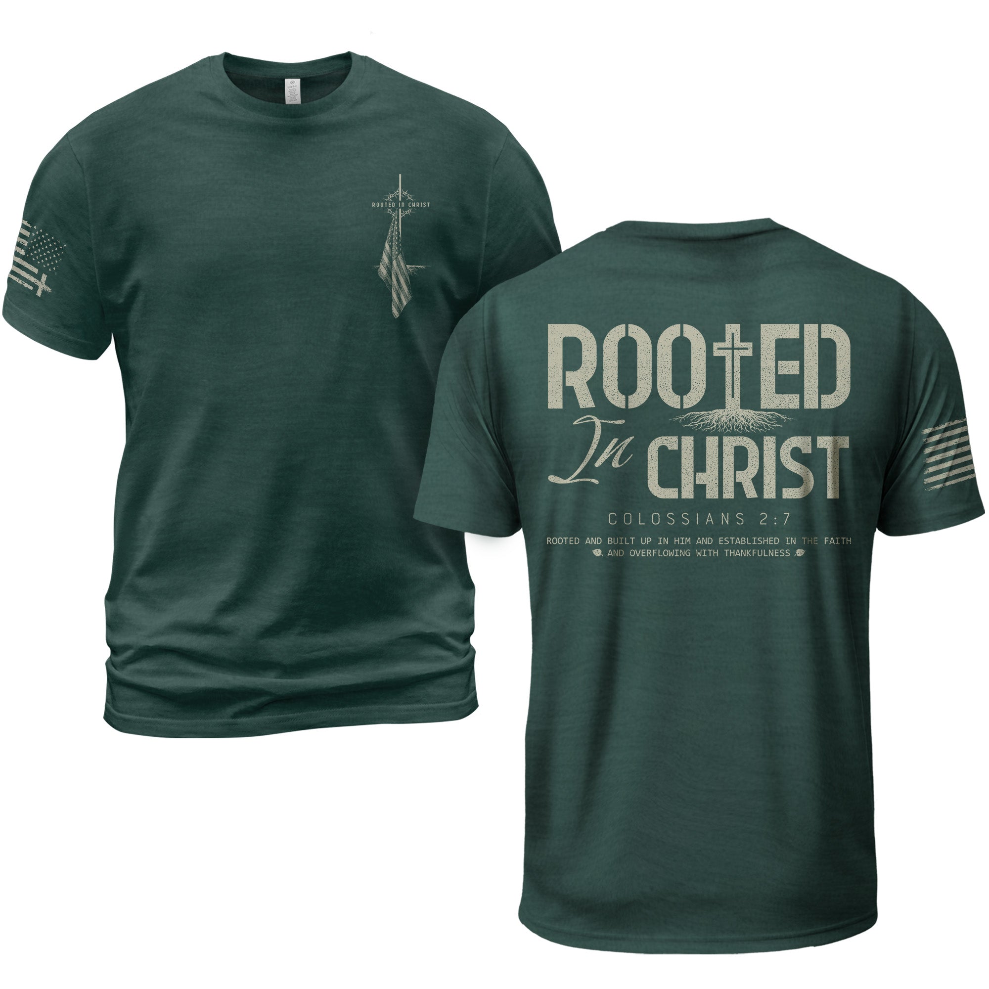 Rooted In Christ Colossians 2 7 Christian T Shirt With Cross And Roots