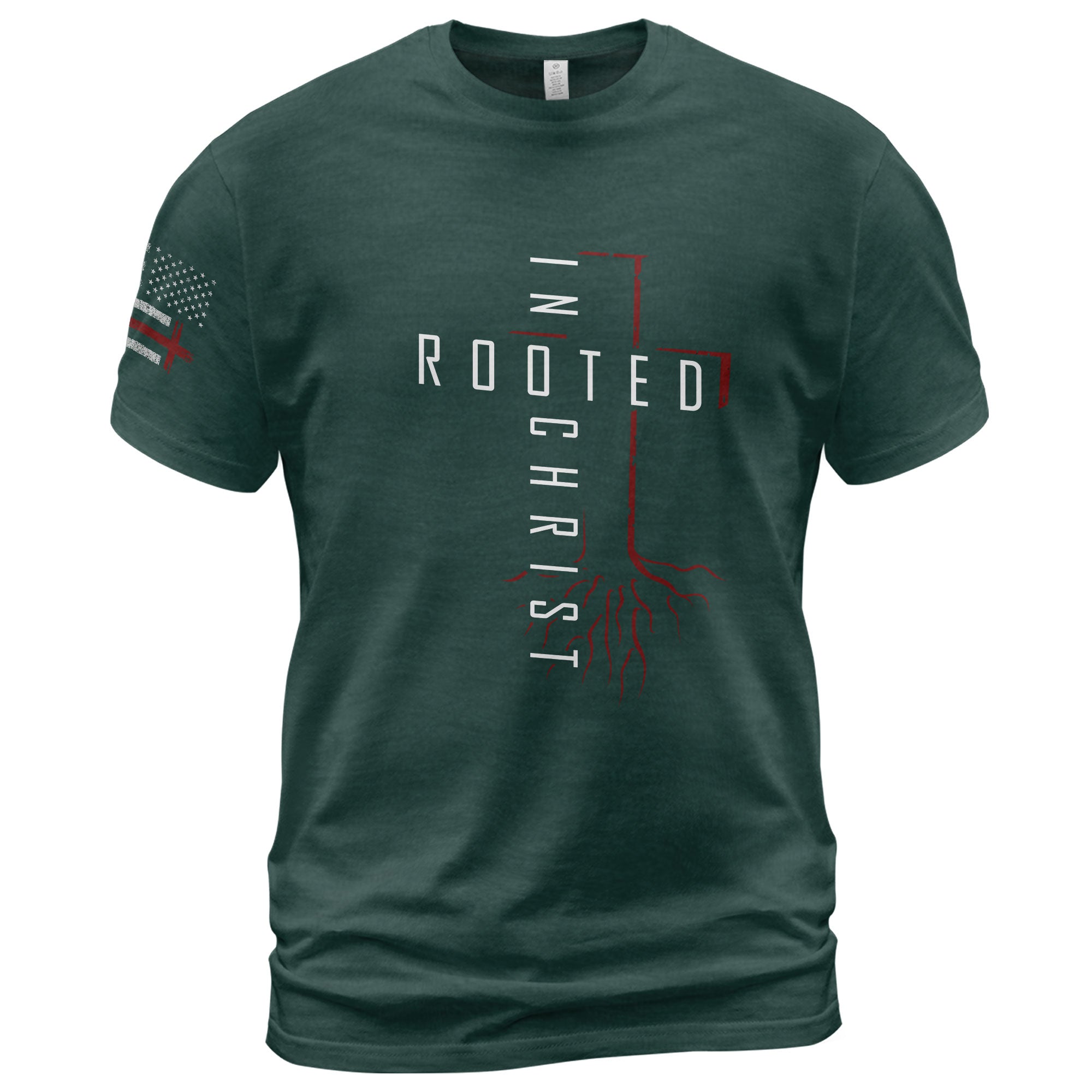 Rooted In Christ Red Cross and Roots Christian T-Shirt