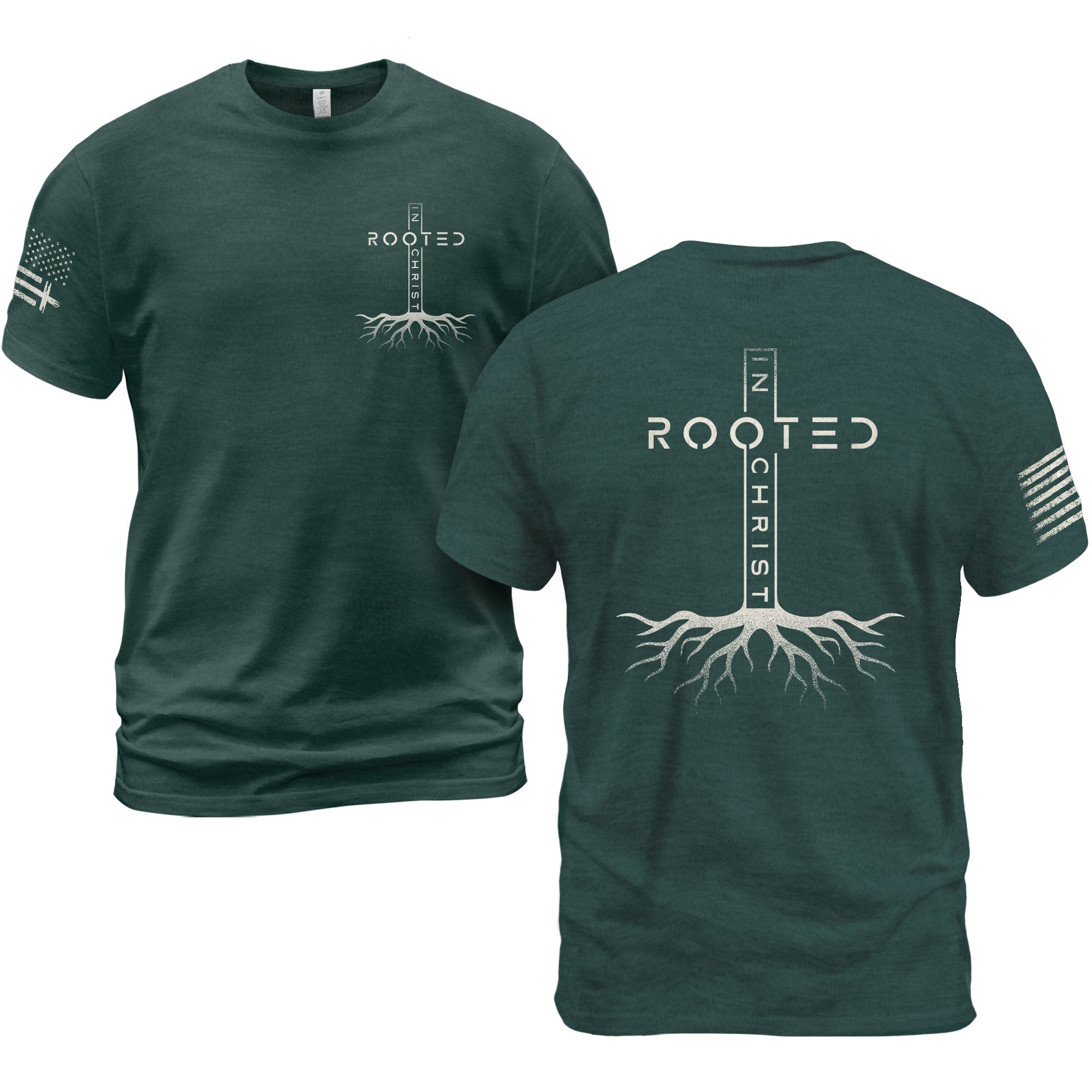 Rooted In Christ Vertical Cross Roots Back Print Christian T-Shirt