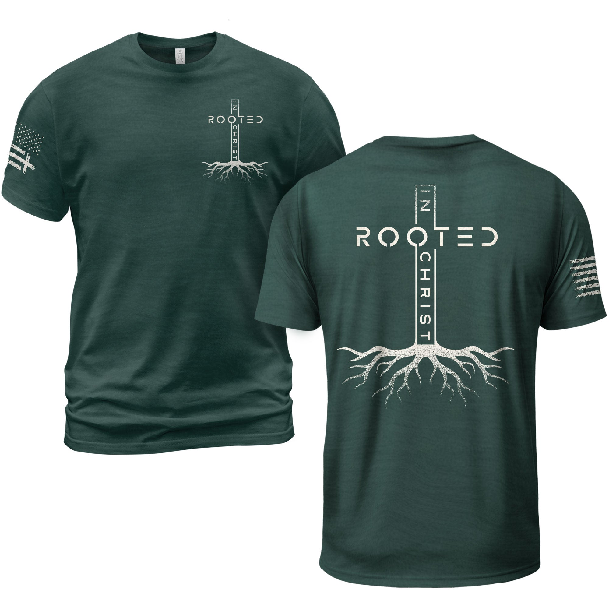 Rooted In Christ Vertical Cross Roots Back Print Christian T-Shirt
