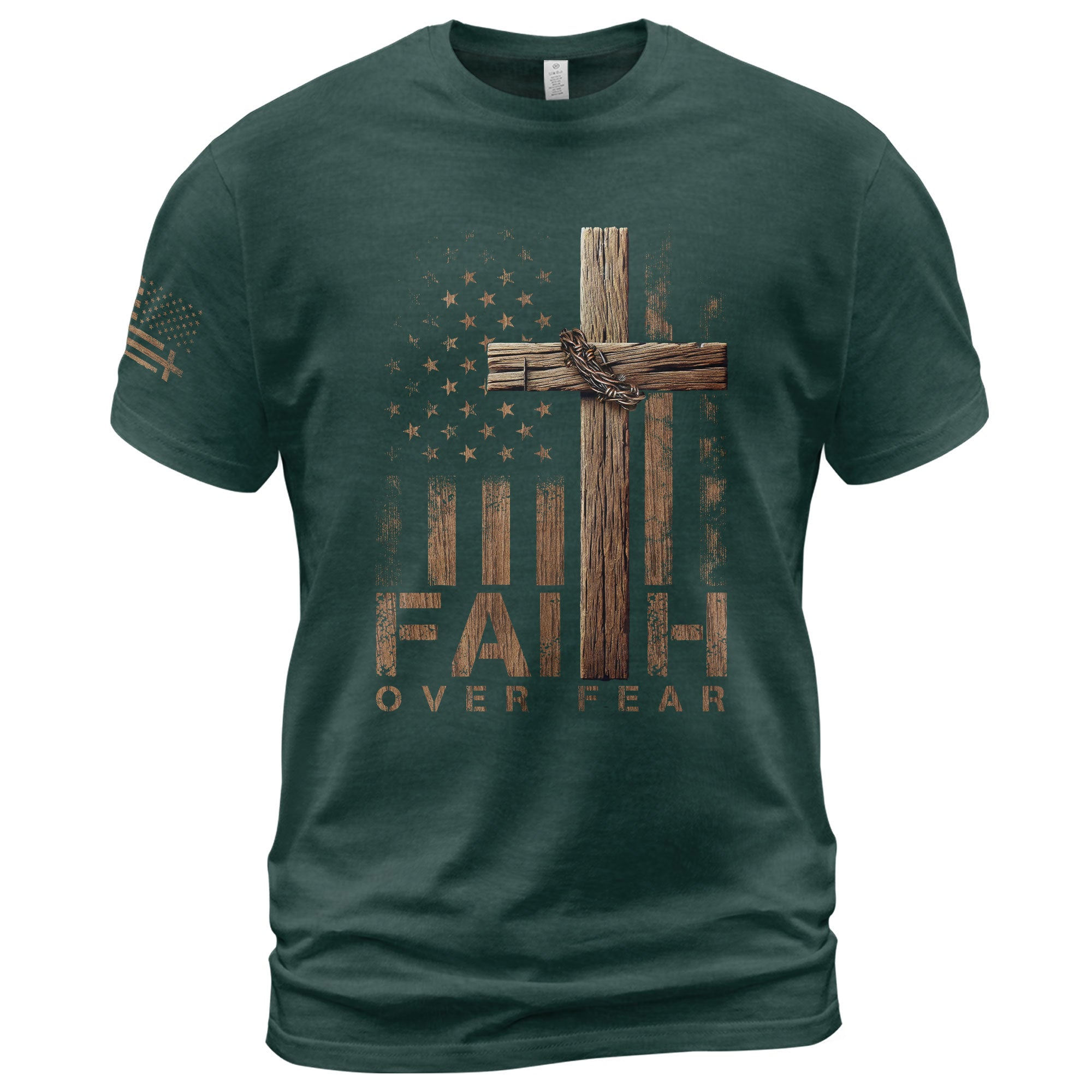 Faith Over Fear Wooden Cross American Flag Christian T-Shirt