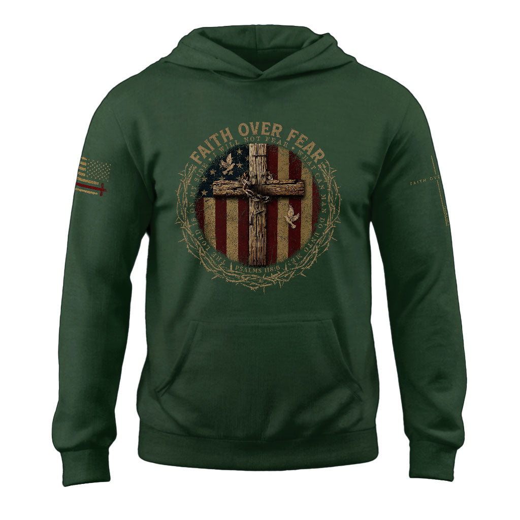 Faith Over Fear Christian Hoodie American Flag Cross Design Religious