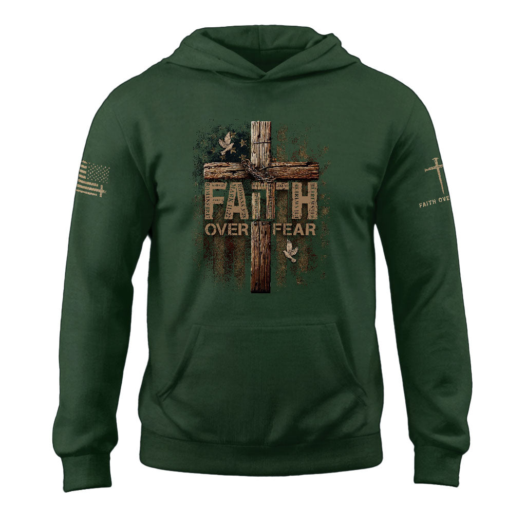 Faith Over Fear Christian Hoodie Bible Verse American Flag Cross Design
