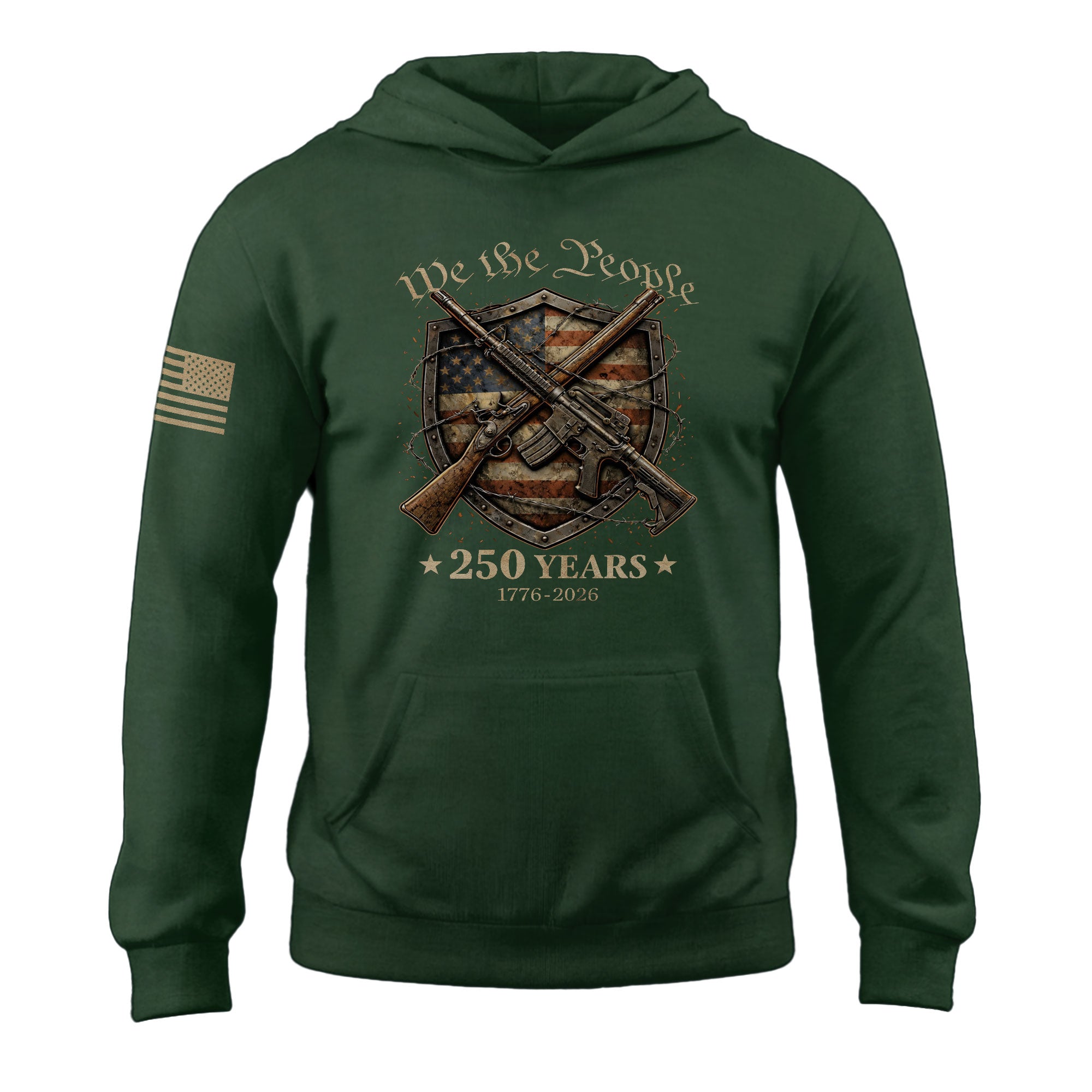 USA 250th Anniversary Semiquincentennial Hoodie 1776-2026 We The People Mental Strength Shield Rifles Patriotic Mens