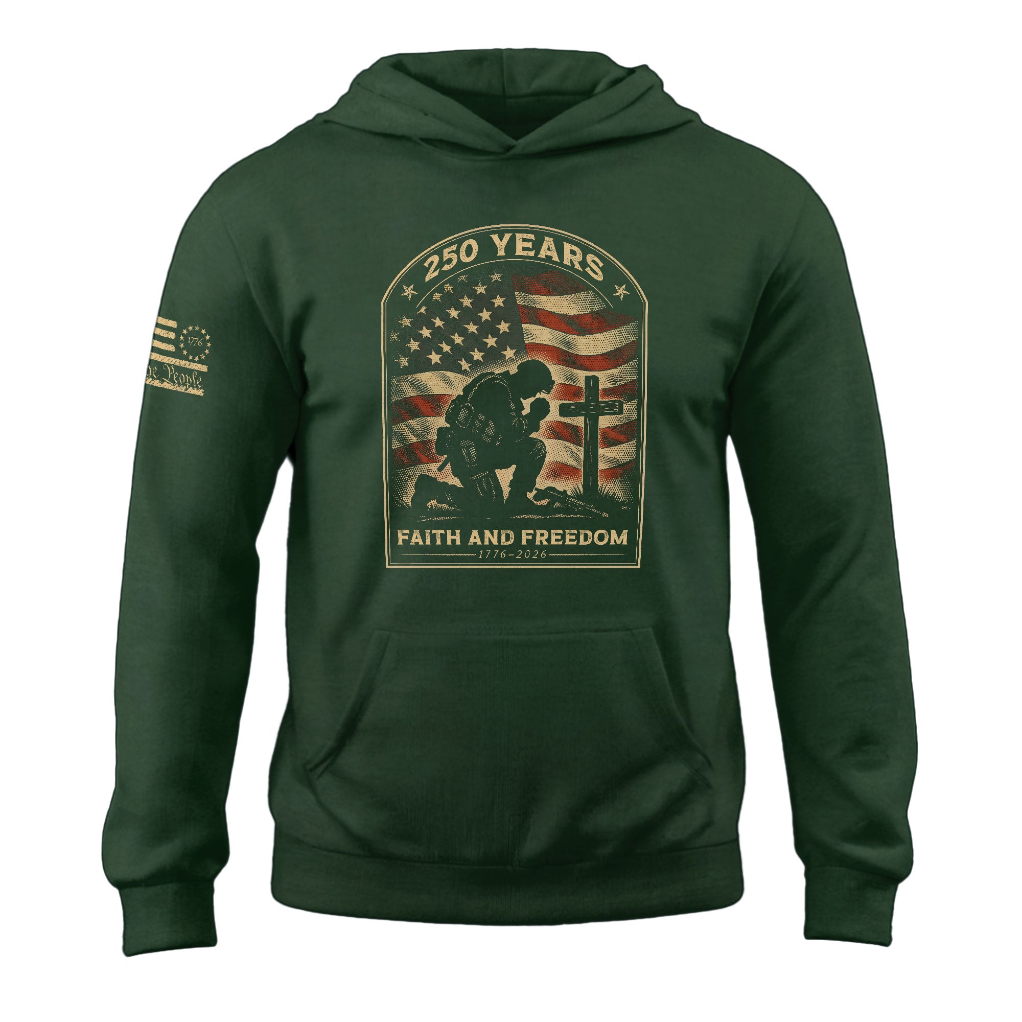 America 250th Anniversary 1776-2026 Semiquincentennial Hoodie – Kneeling Soldier American Flag Cross Patriotic Military Men’s Hoodie