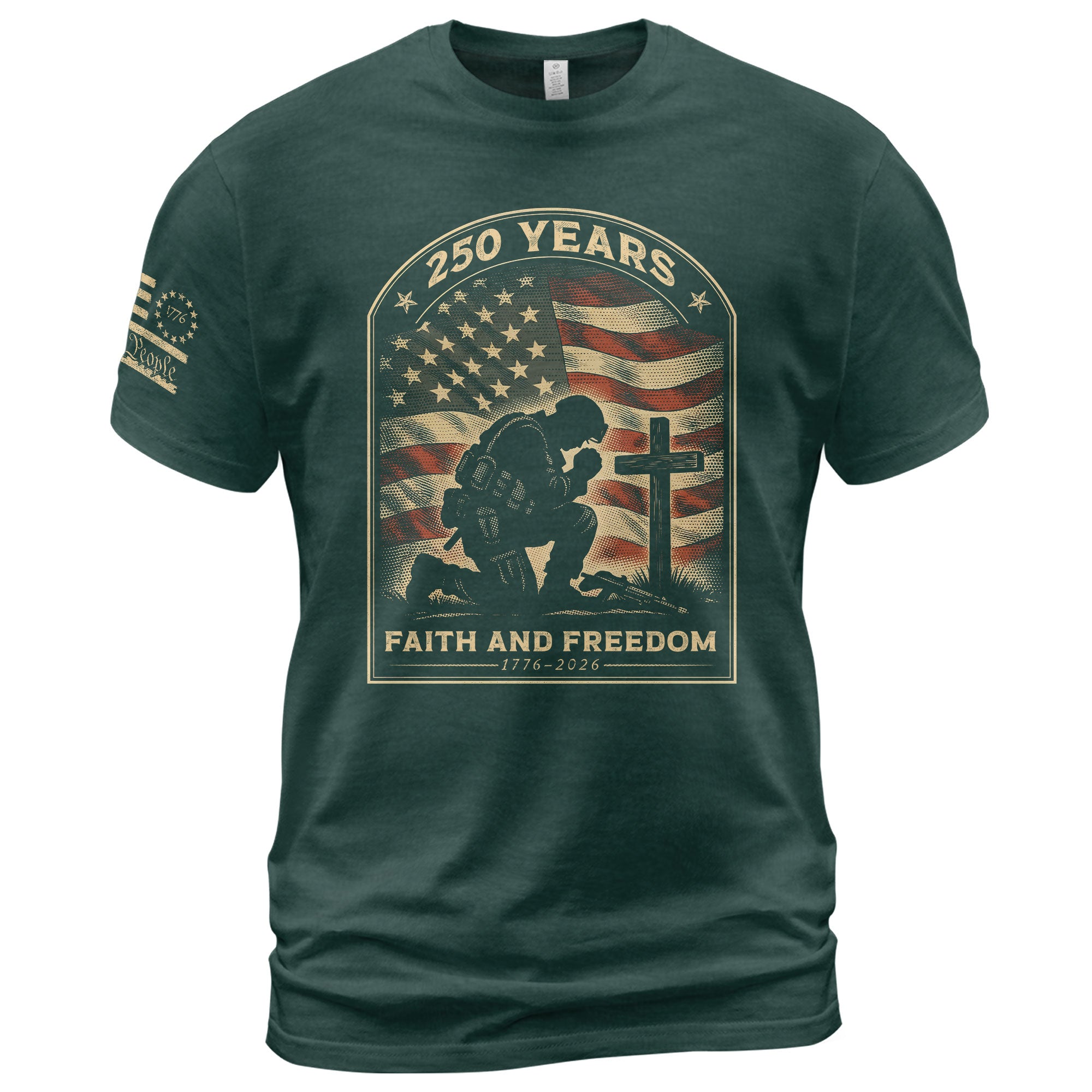 Faith and Freedom 250 Years 250th Anniversary Patriotic T-Shirt - Kneeling Soldier Prayer & American Flag Graphic Tee