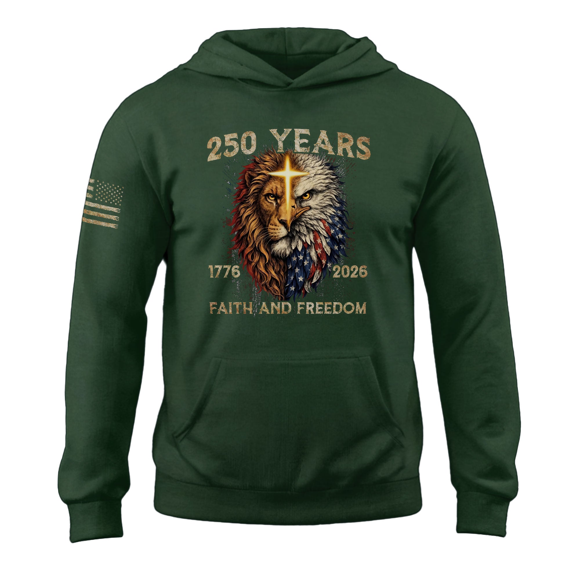 USA 250th Anniversary 1776-2026 Semiquincentennial Hoodie – Christian Faith and Freedom Lion of Judah American Flag Men’s Apparel