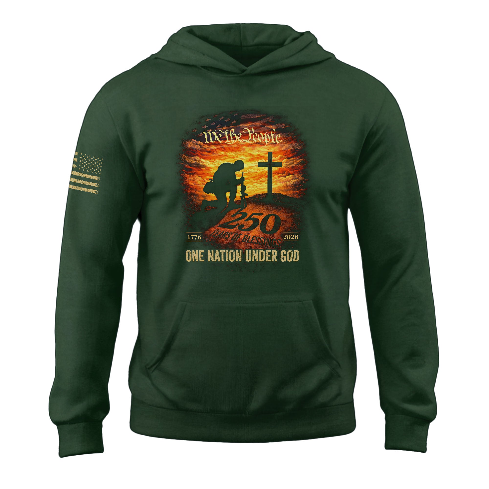 USA 250th Anniversary 1776-2026 Semiquincentennial Hoodie – One Nation Under God Kneeling Soldier Cross We The People Patriotic Apparel