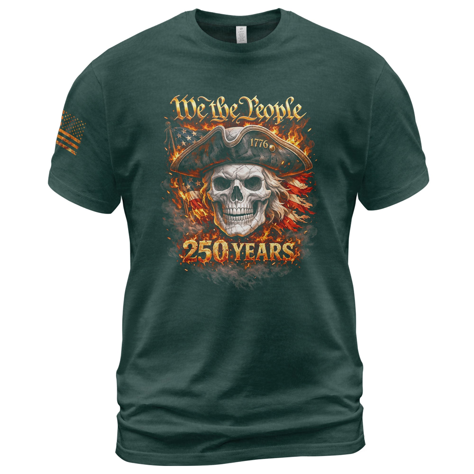 America 250 Years Patriotic Skull T-Shirt - Semiquincentennial 1776-2026 "We The People" Flaming Flag Tee