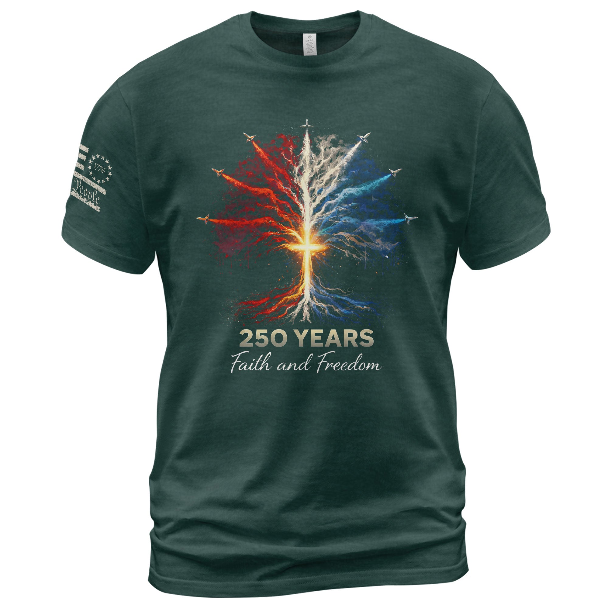 USA Semiquincentennial 250 Years Faith and Freedom 1776–2026 Patriotic Cross Fireworks T-Shirt