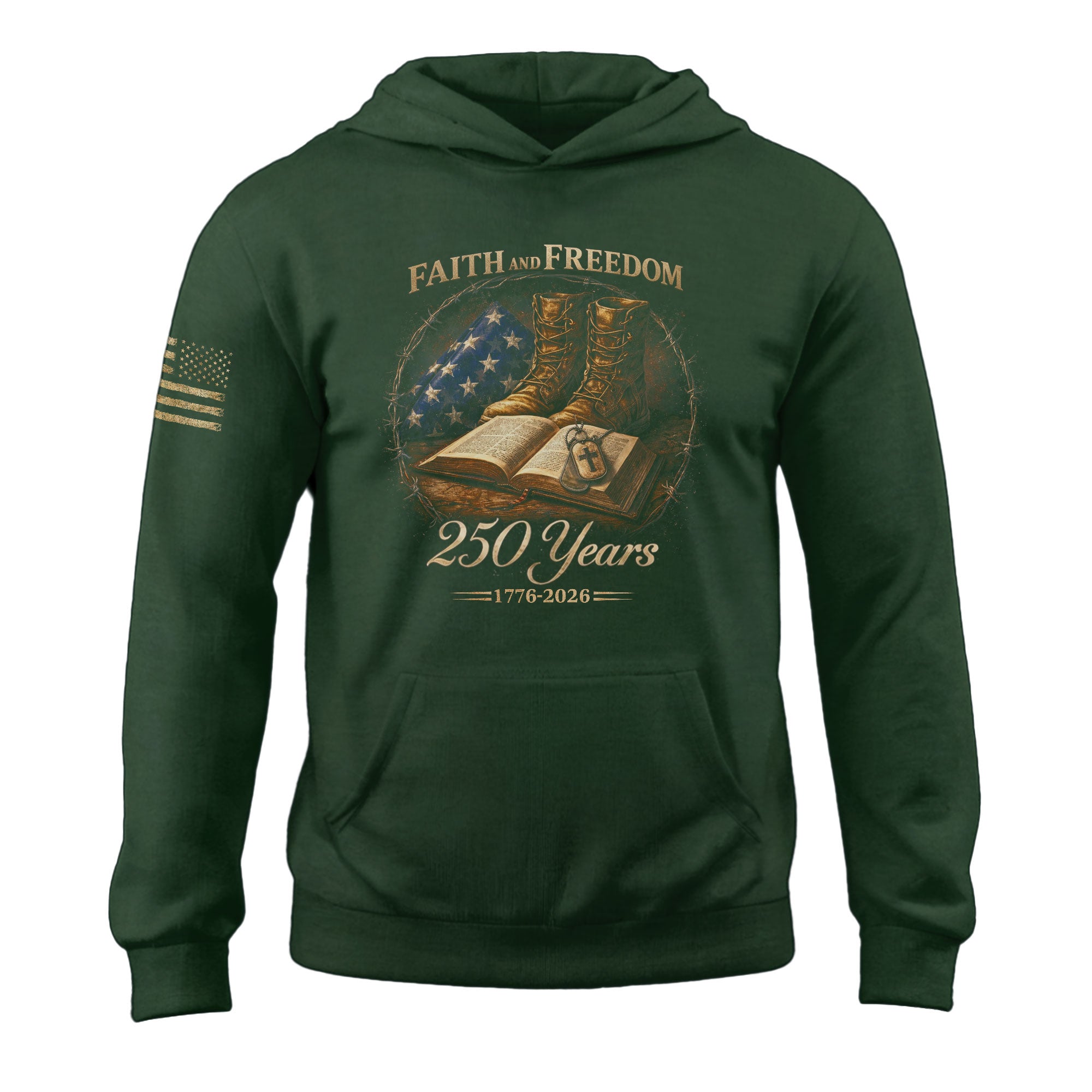 America 250th Anniversary 1776-2026 Semiquincentennial Hoodie – Faith and Freedom Christian Bible & Military Boots Patriotic Men’s Hoodie