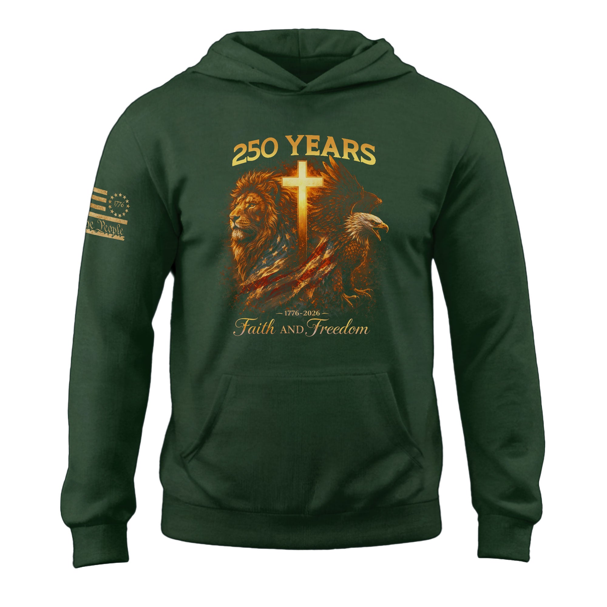 USA 250th Anniversary 1776-2026 Semiquincentennial Hoodie – Christian Lion & Eagle Faith and Freedom Cross Patriotic Hoodie