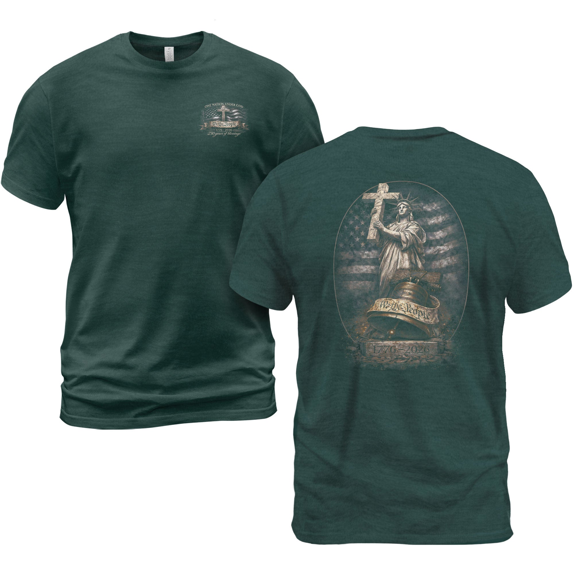 USA 250th Anniversary T-Shirt 1776-2026 – Lady Liberty Cross We The People Freedom Patriotic Flag Tee