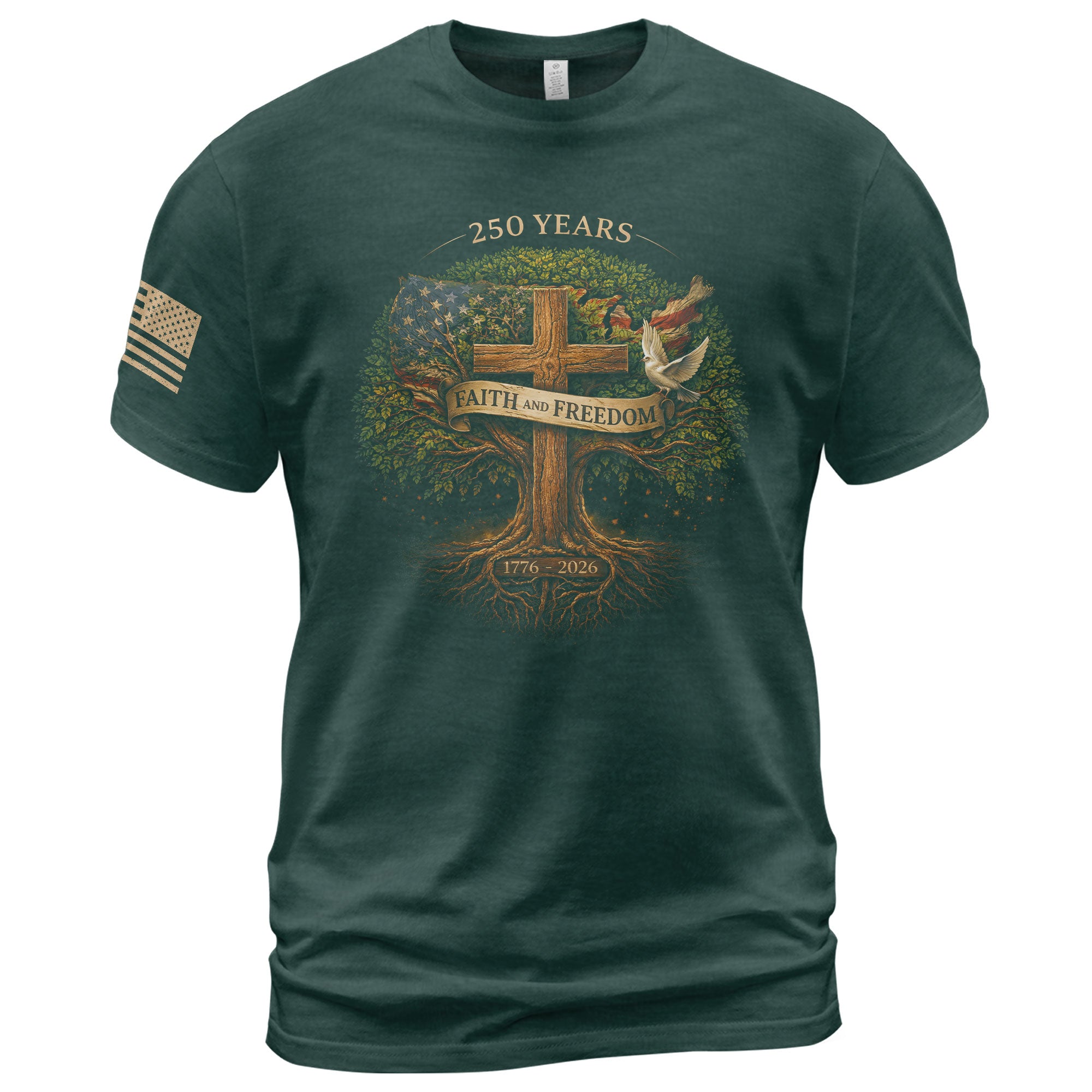 America 250th Anniversary T-Shirt 1776-2026 – Faith and Freedom Tree of Life Christian Patriotic Flag Tee