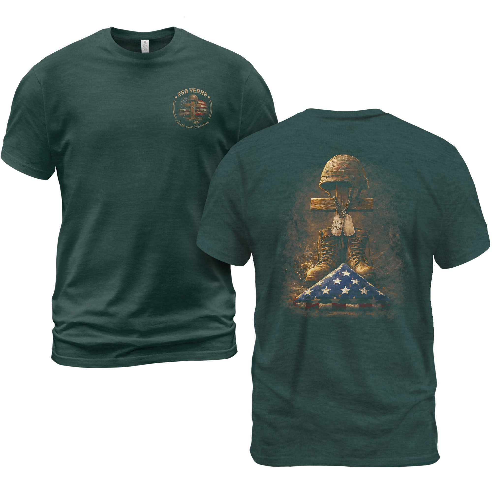 America 250th Anniversary T-Shirt 1776-2026 – Battlefield Cross Soldier Boots & Helmet Patriotic Tee