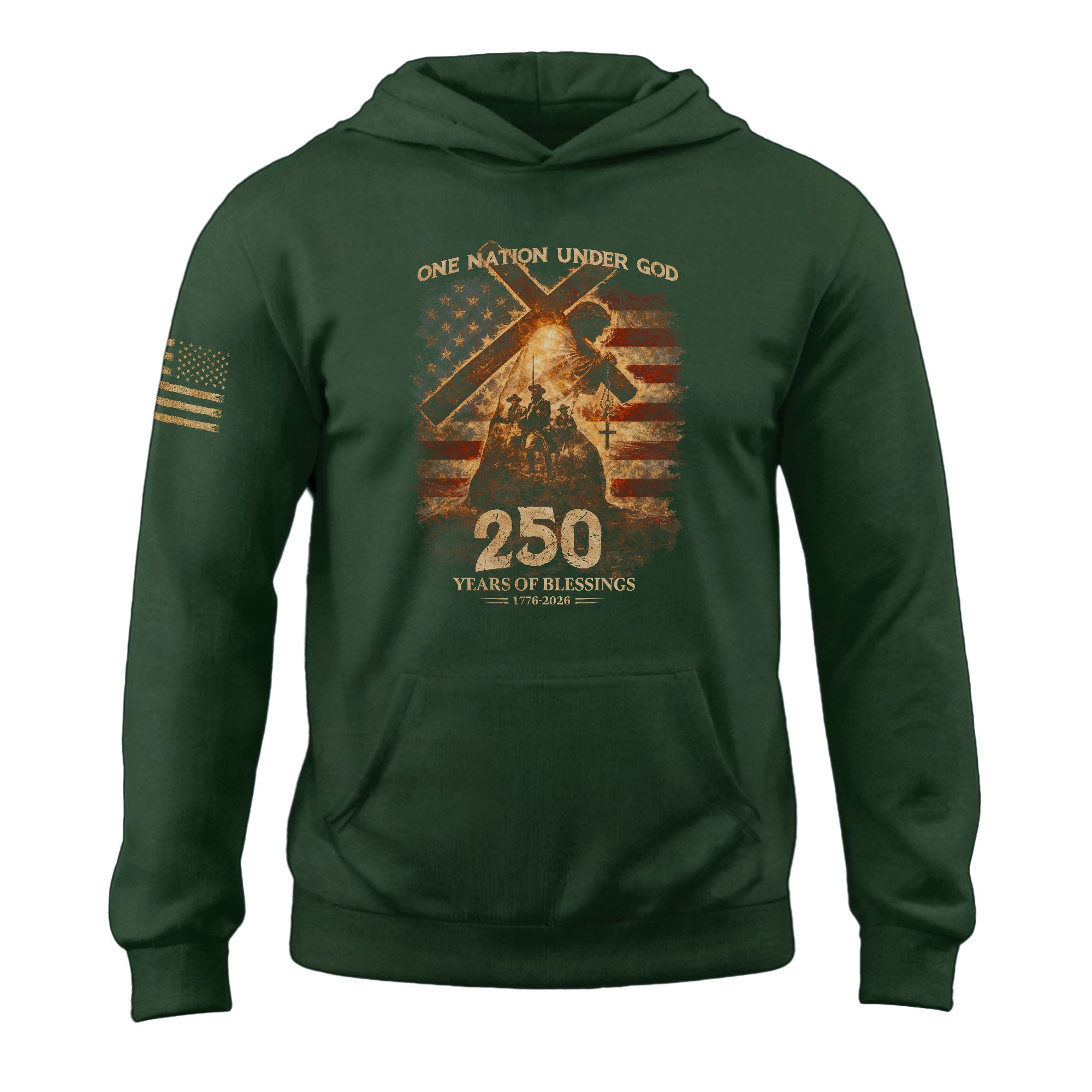 USA 250th Anniversary 1776-2026 Semiquincentennial Hoodie – One Nation Under God Jesus Carrying Cross American Flag Christian Hoodie