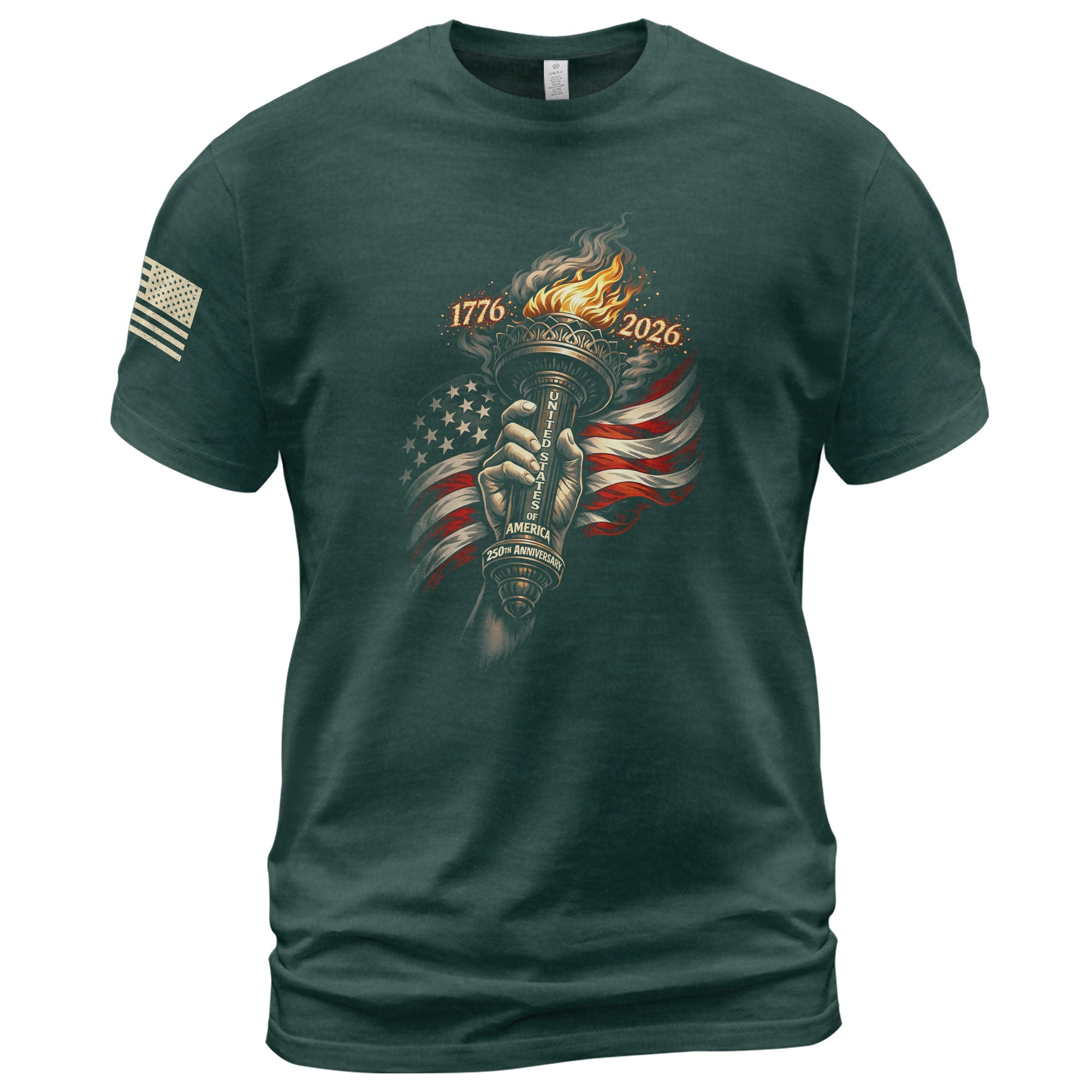 1776-2026 250th Anniversary Patriotic T-Shirt – Statue of Liberty Torch & USA Flag Freedom Tee