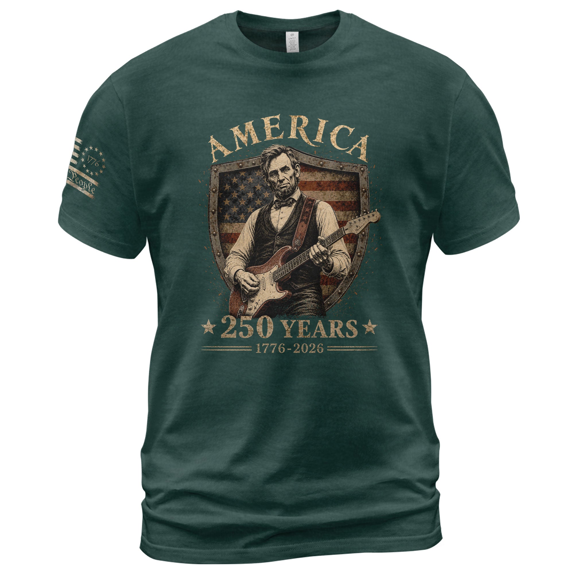 Patriotic Shield Lincoln Guitar Shirt We The People Vintage 1776 2026 US Flag Men Tee