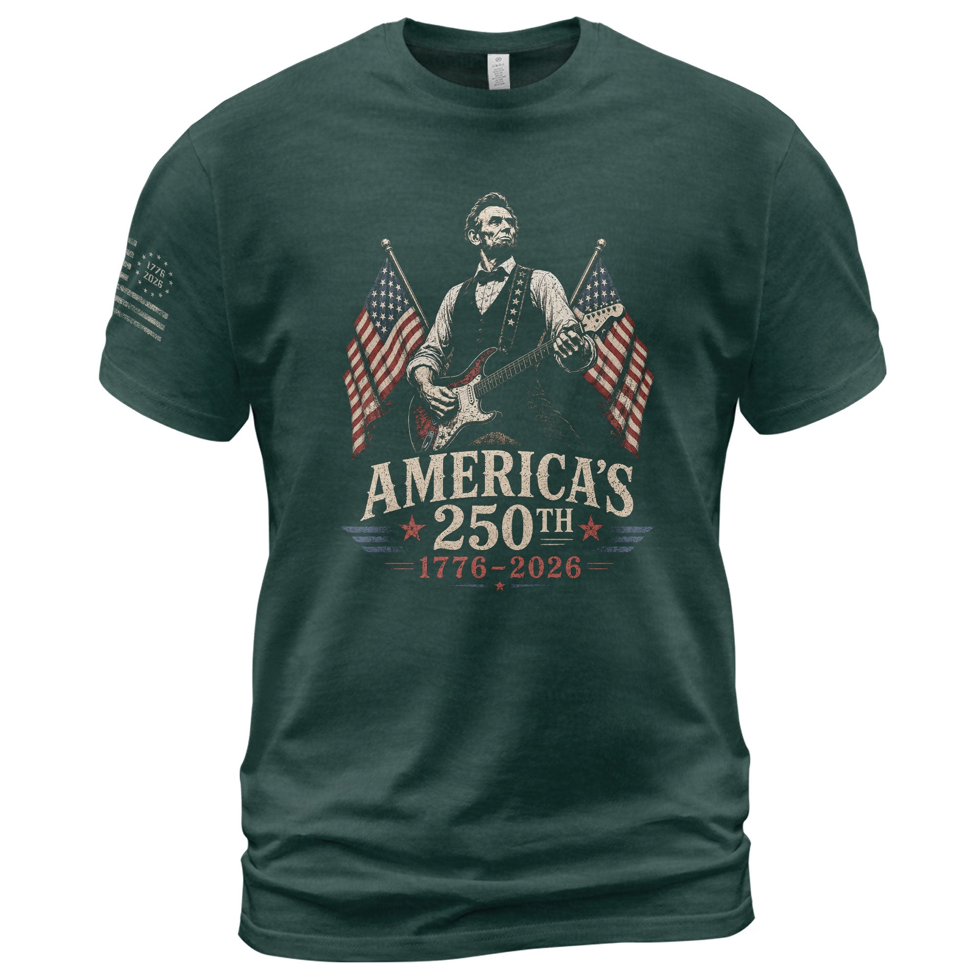 Mens T Shirt Patriotic Abraham Lincoln Guitar 1776-2026 250th Anniversary Rock Tee