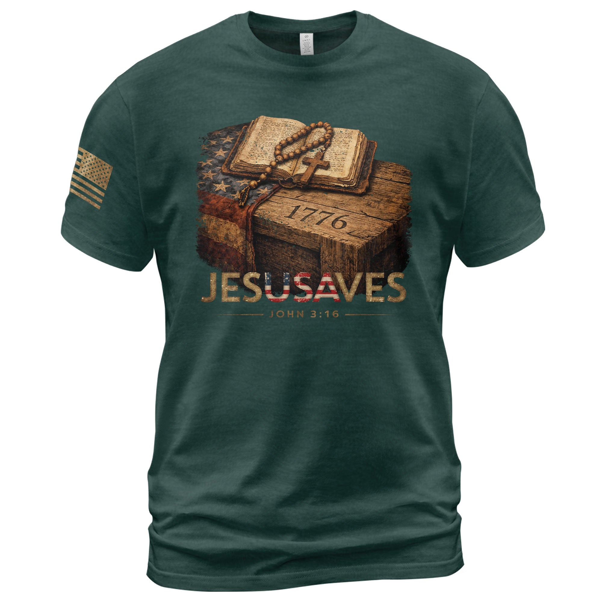 JESUSAVES 1776 Patriotic T-Shirt - Vintage American Flag Graphic Tee - Casual Apparel