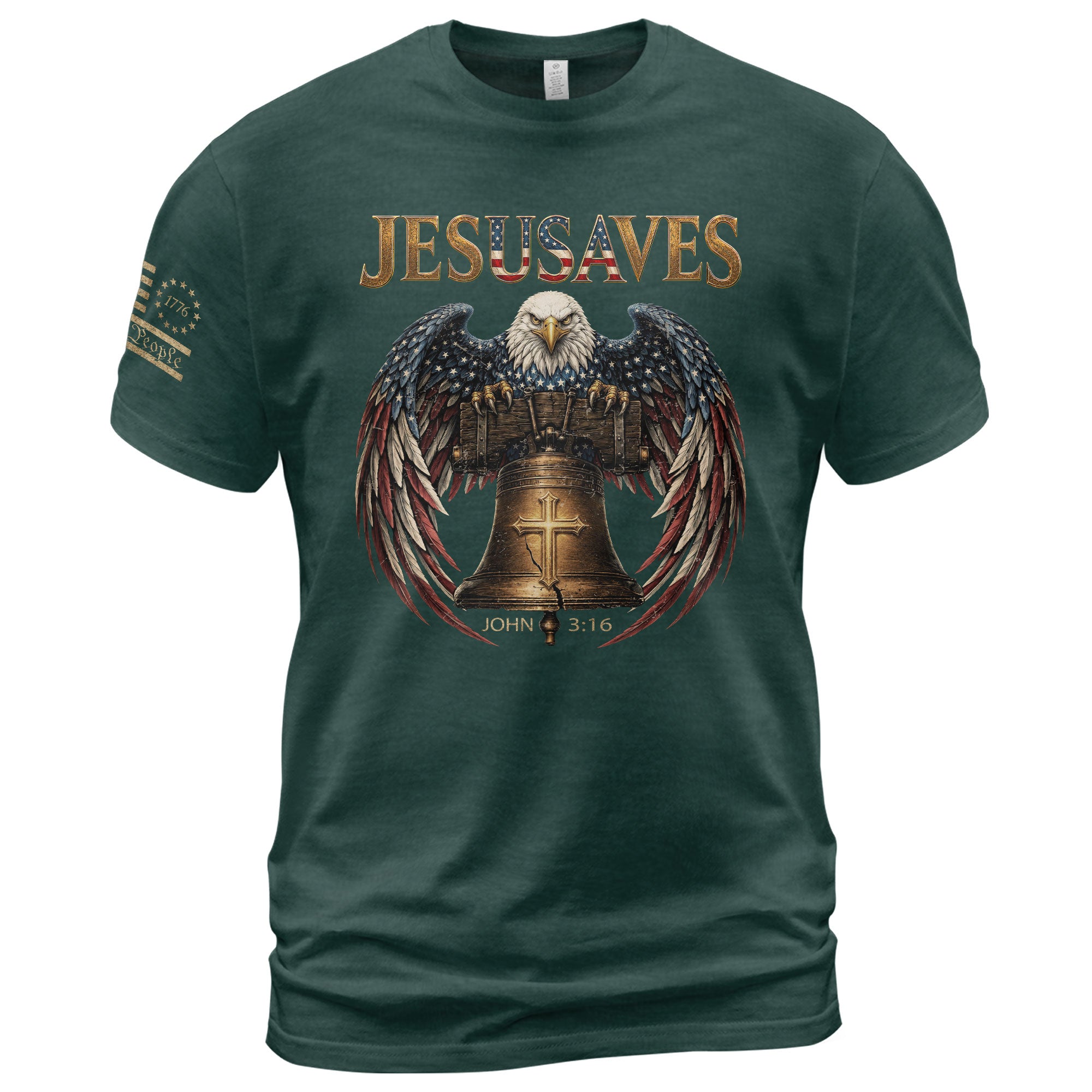 Patriotic JESUSAVES T-Shirt American Eagle Bell Print Stylish Casual Graphic Tee