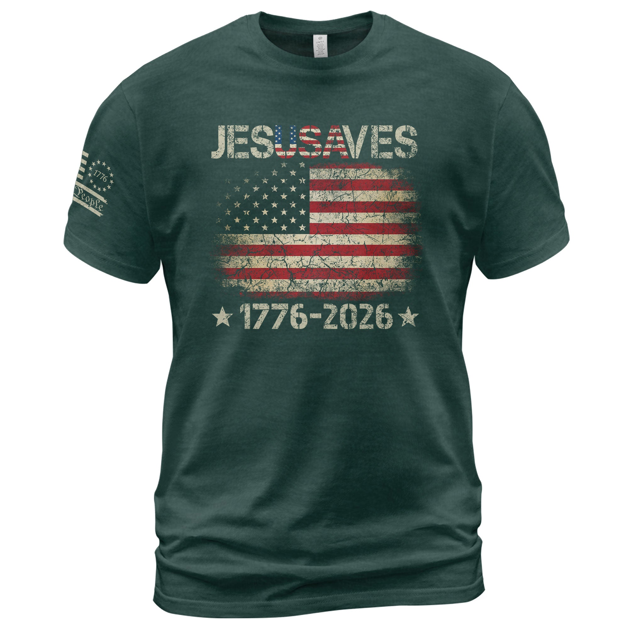 Vintage JESUSAVES USA Flag Shirt 1776 2026 We The People Men Patriotic Cotton Tee