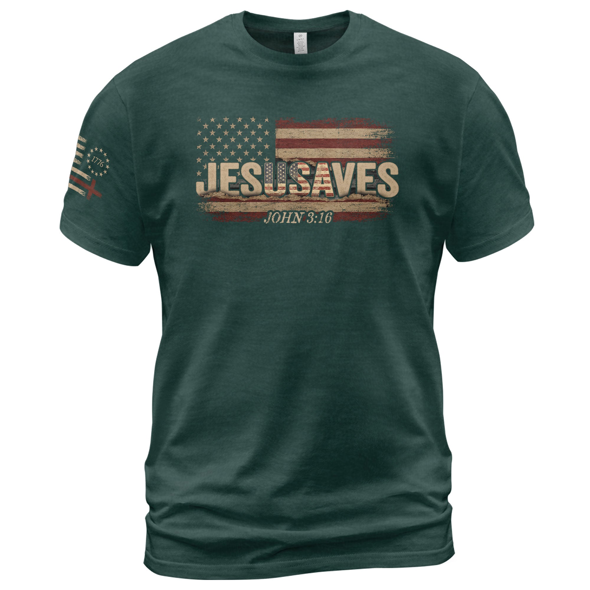 JESUSAVES T-Shirt John 3:16 Patriotic American Flag Distressed Christian Faith Tee