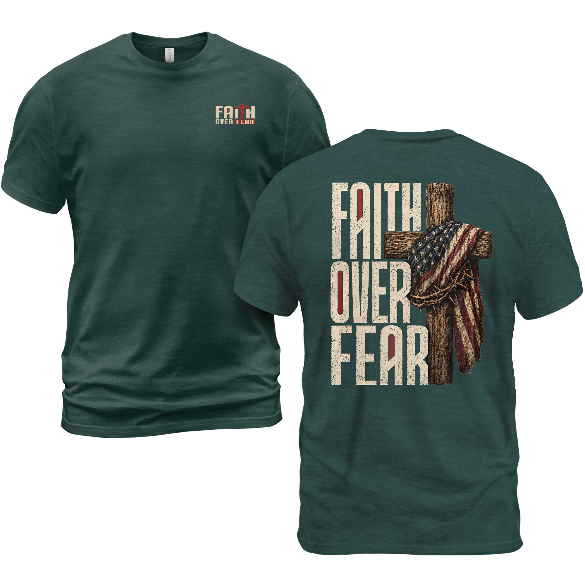 Faith Over Fear Christian Shirt Patriotic Cross American Flag Religious Graphic Tee