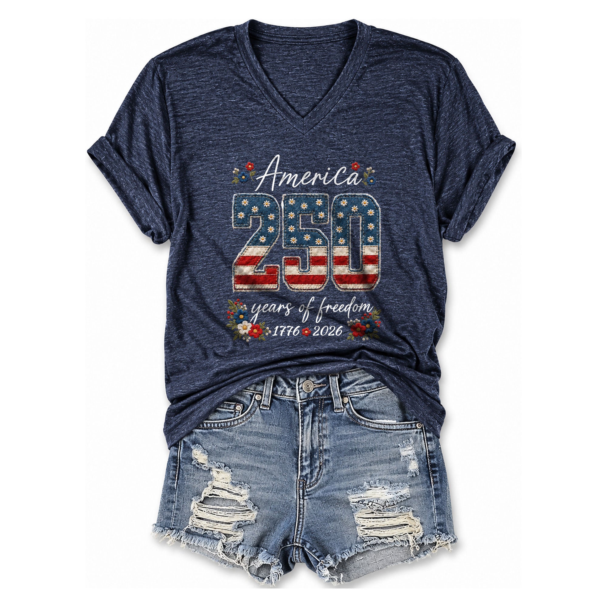 V-Neck 250 Years of Freedom Shirt - Patriotic 1776-2026 American Graphic Tee Women
