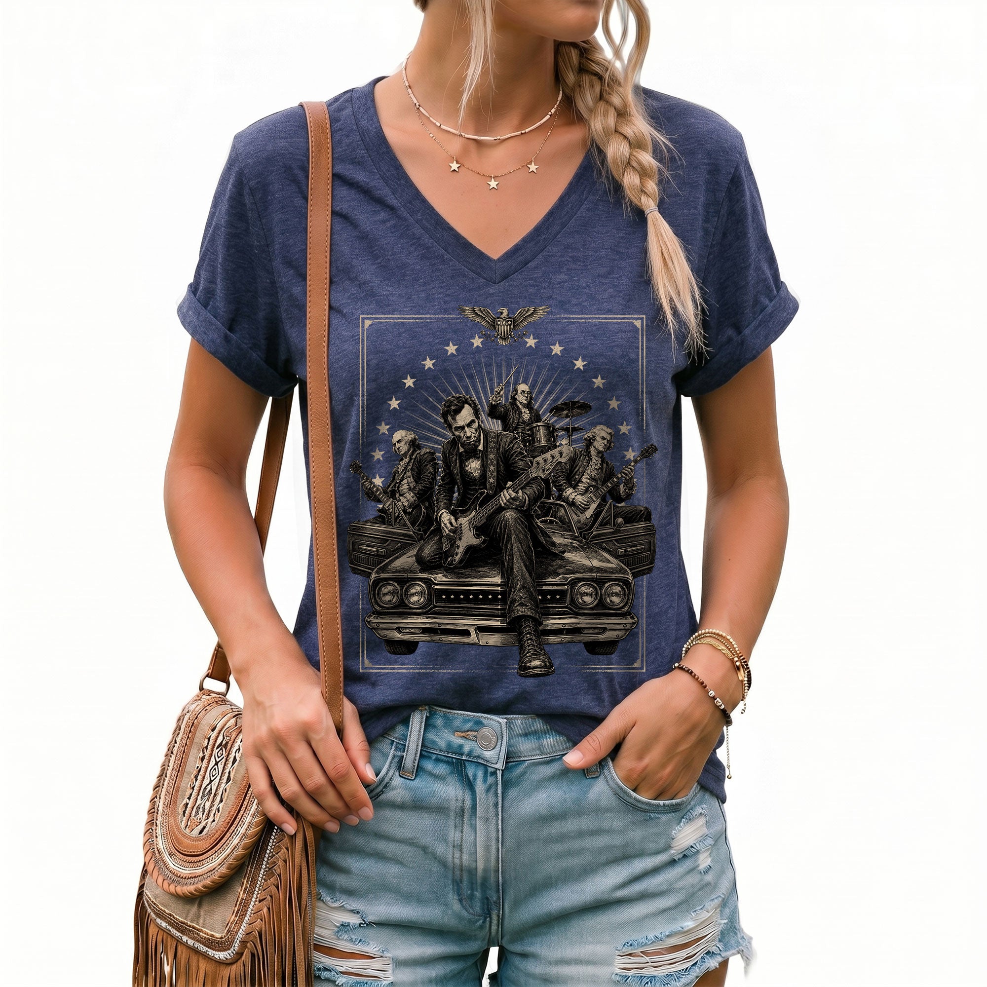 Lincoln Playing Guitar Vintage V-Neck Graphic T Shirt Patriotic Band Women's Top