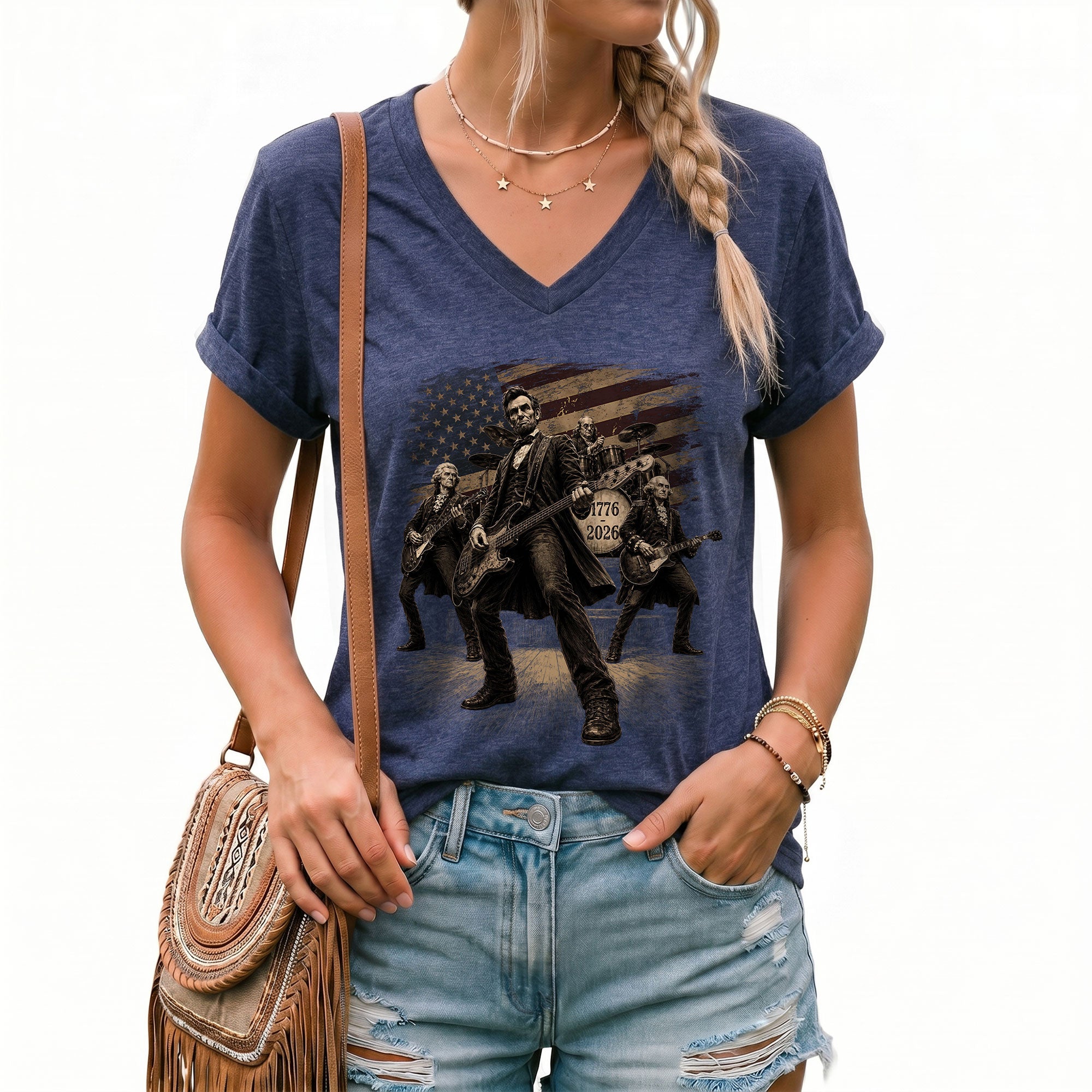 Lincoln & Founders Rock Band V-Neck T Shirt Patriotic 1776-2026 Graphic Women's Top