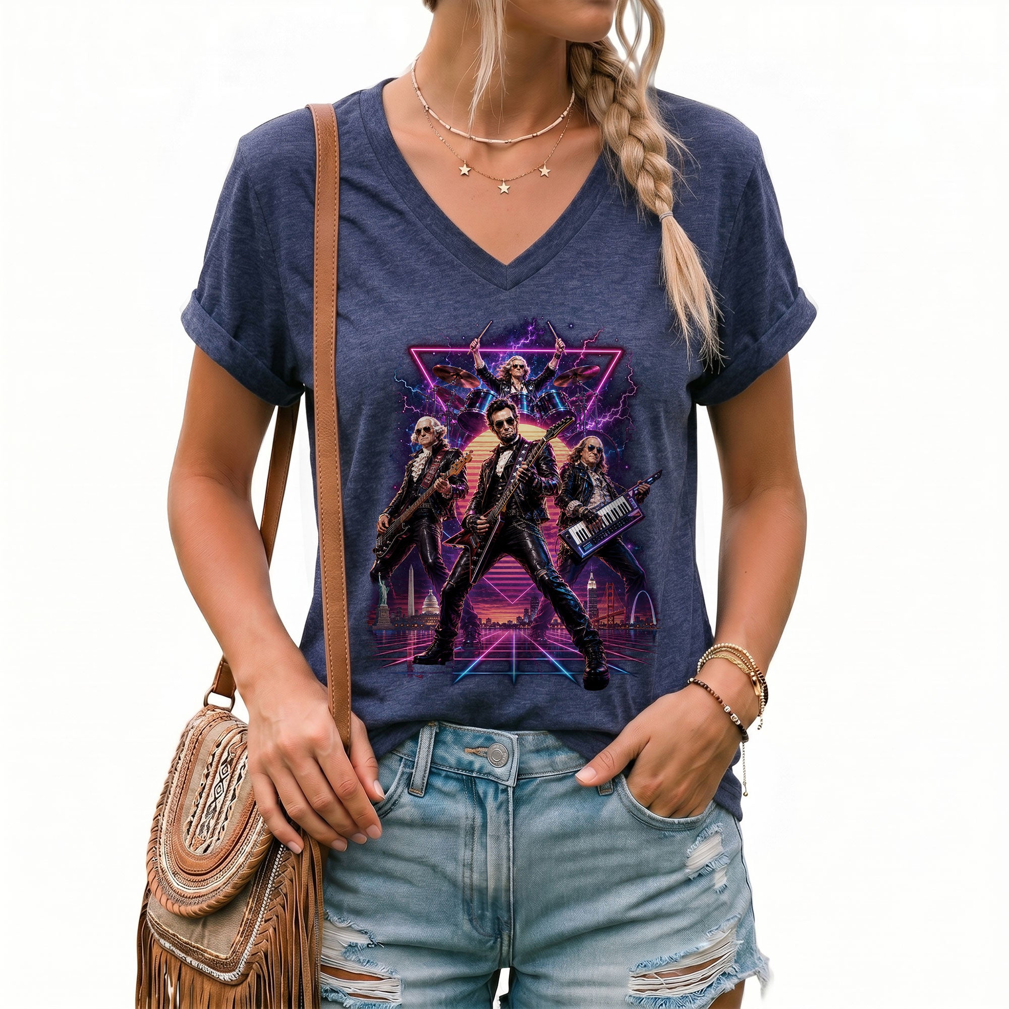 Presidential Rockers Synthwave V-Neck Graphic Shirt Patriotic Women's Casual Tee