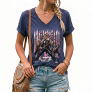 Vintage Presidential Band V-Neck Graphic Shirt Pink Patriotic Women's Apparel Top