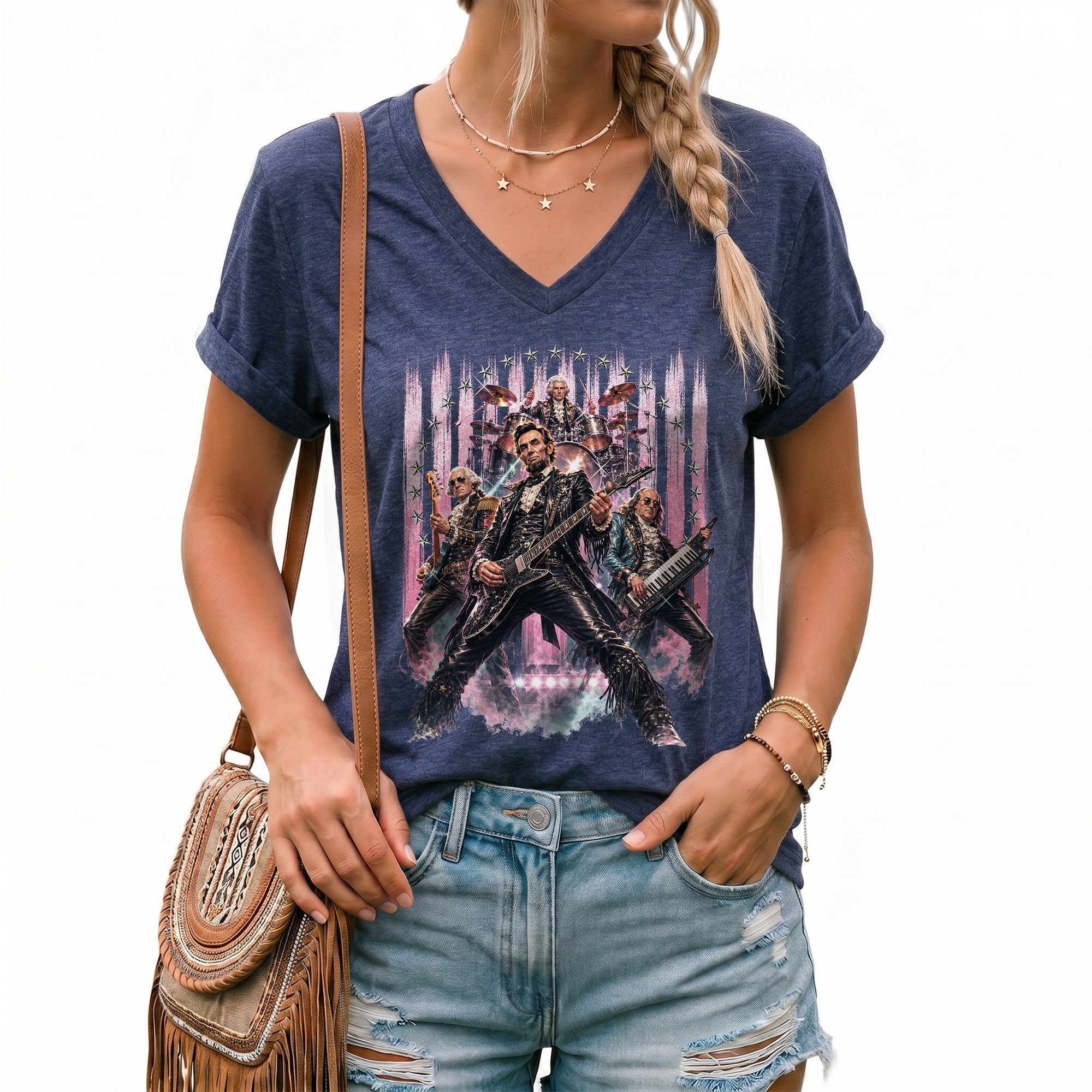 Vintage Presidential Band V-Neck Graphic Shirt Pink Patriotic Women's Apparel Top